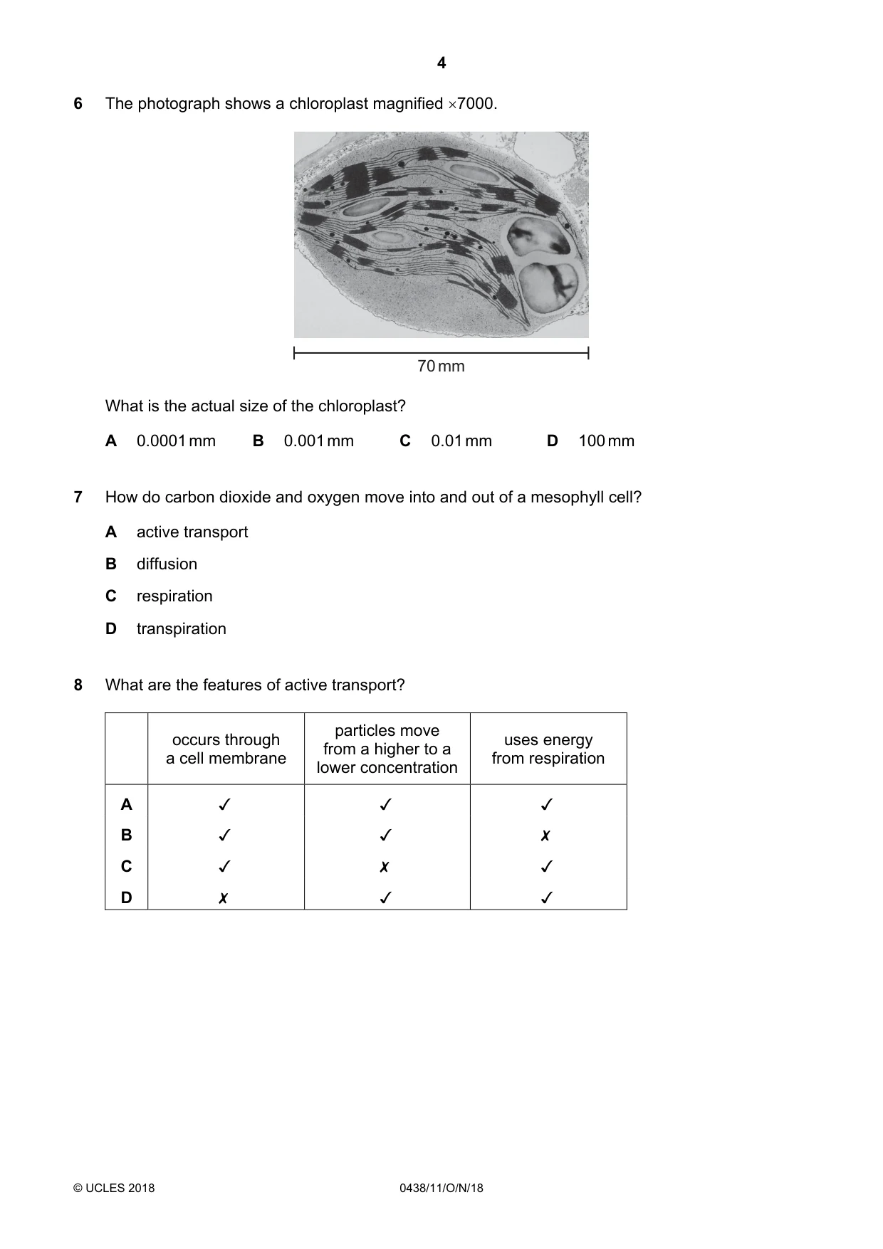 Cambridge IGCSE Biology (BES) 0438 2018 Oct/Nov Paper 1 · Variant 1 question paper, page 4 of 20
