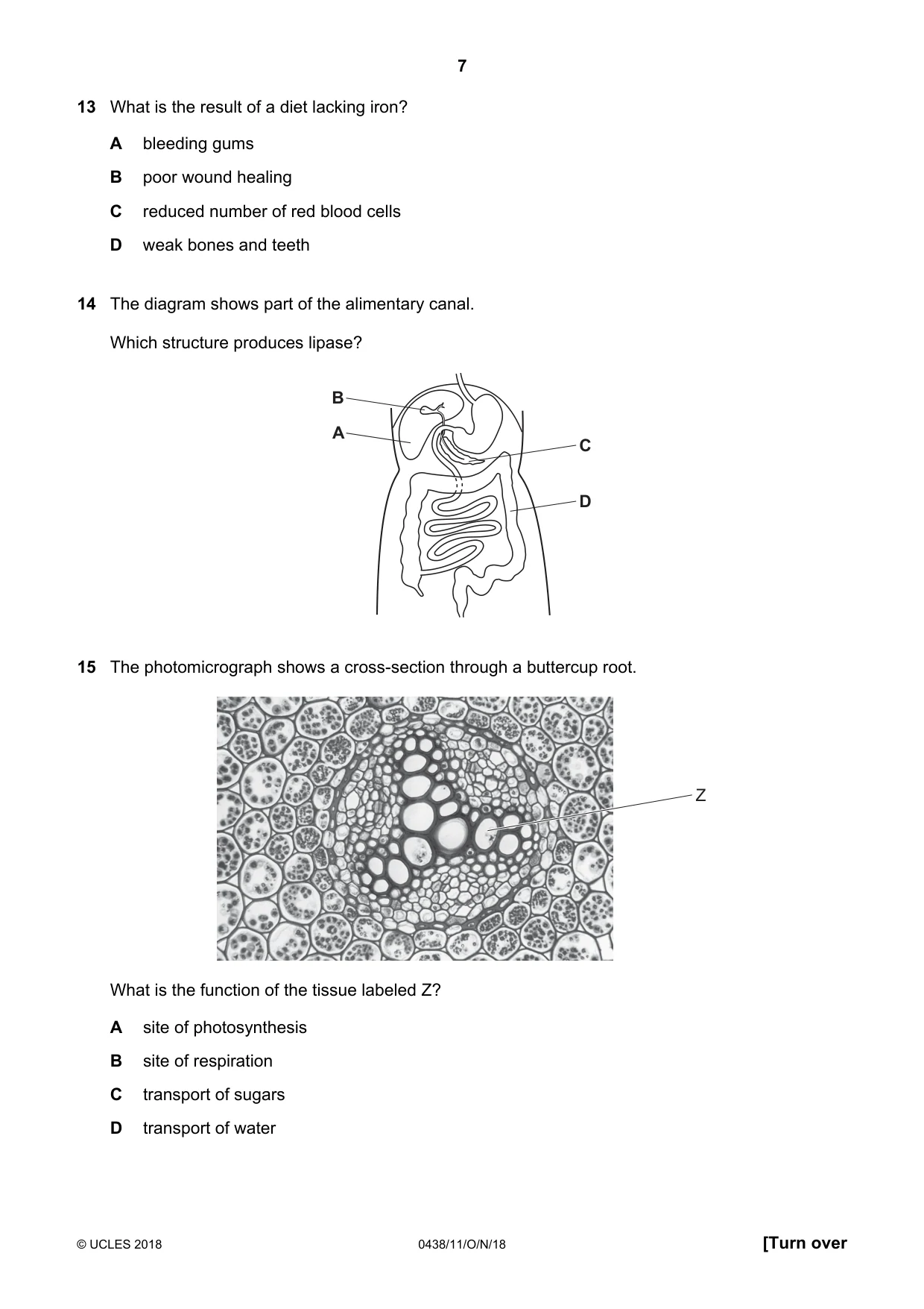 Cambridge IGCSE Biology (BES) 0438 2018 Oct/Nov Paper 1 · Variant 1 question paper, page 7 of 20