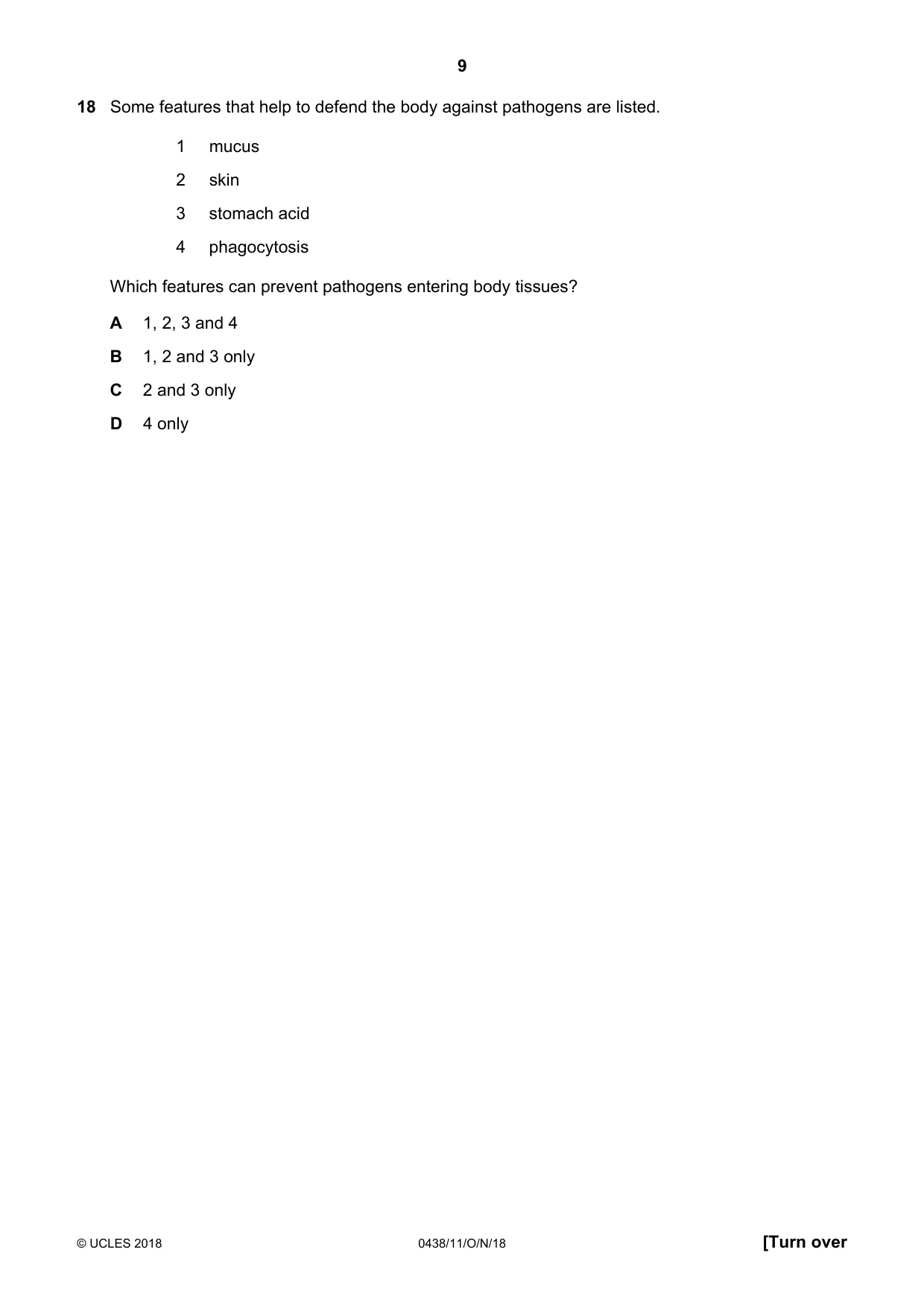 Cambridge IGCSE Biology (BES) 0438 2018 Oct/Nov Paper 1 · Variant 1 question paper, page 9 of 20