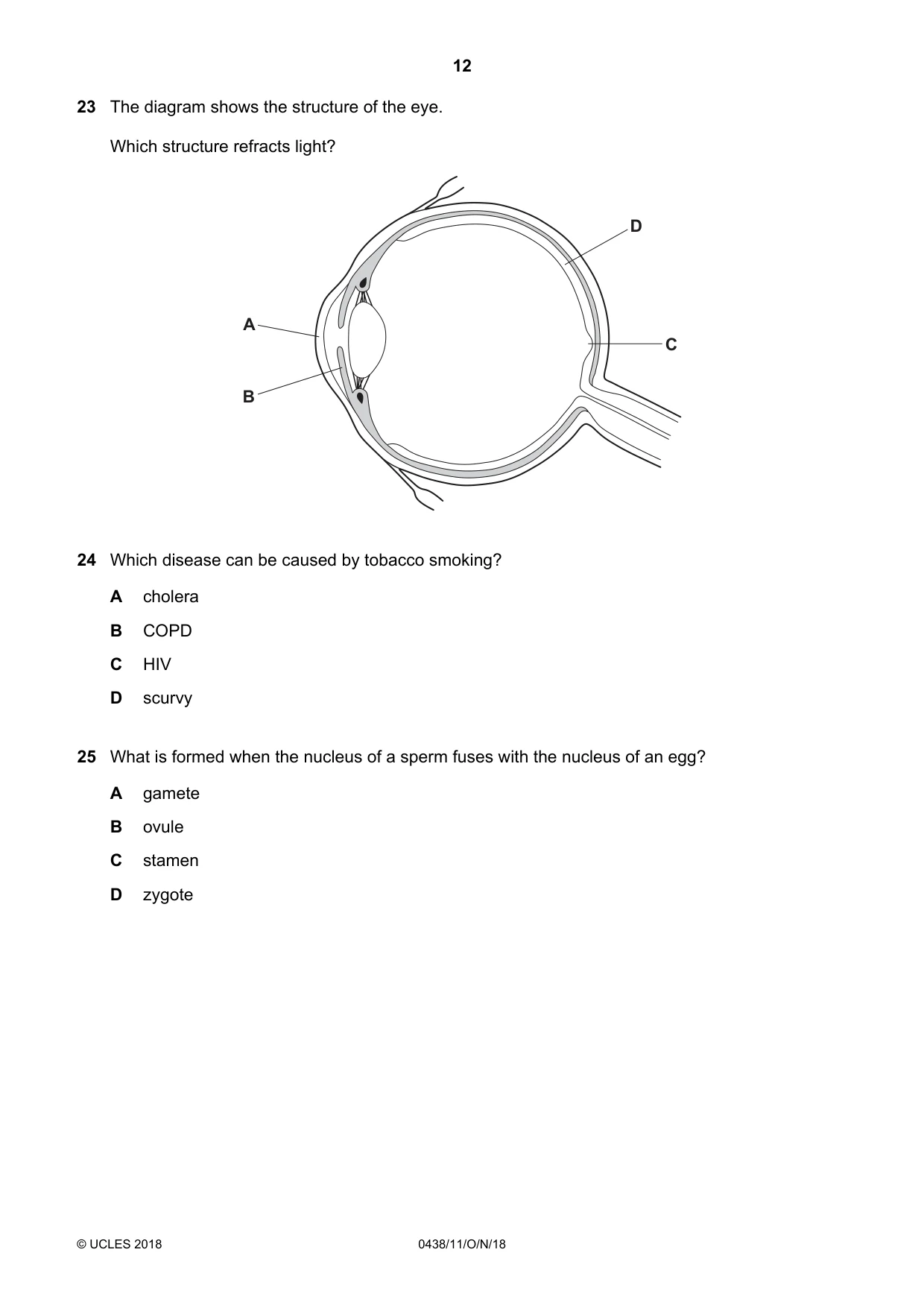 Cambridge IGCSE Biology (BES) 0438 2018 Oct/Nov Paper 1 · Variant 1 question paper, page 12 of 20