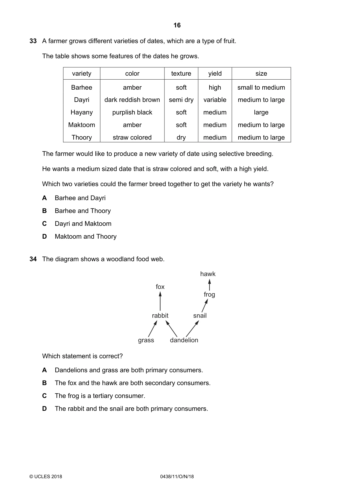 Cambridge IGCSE Biology (BES) 0438 2018 Oct/Nov Paper 1 · Variant 1 question paper, page 16 of 20