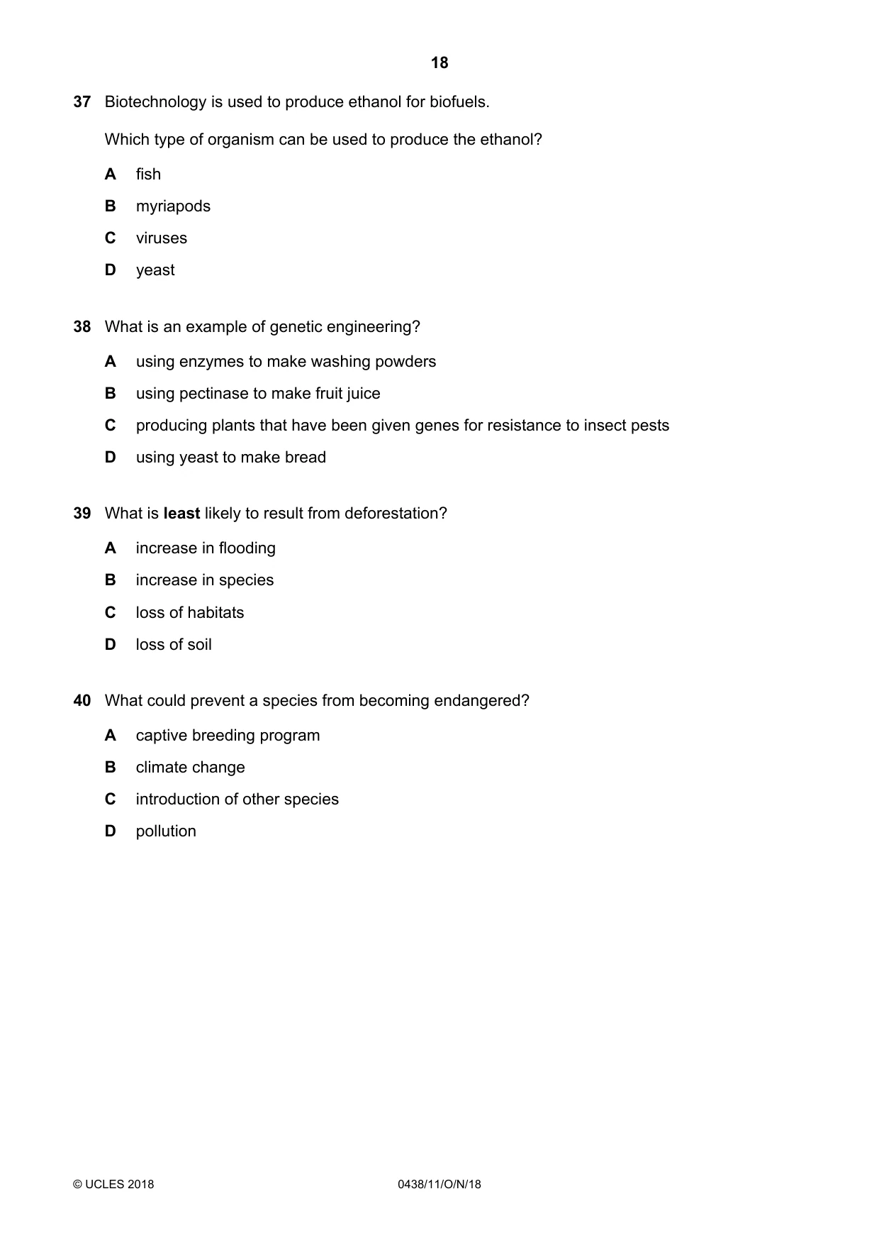 Cambridge IGCSE Biology (BES) 0438 2018 Oct/Nov Paper 1 · Variant 1 question paper, page 18 of 20
