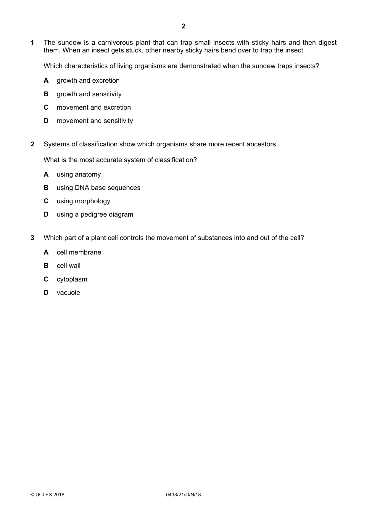 Cambridge IGCSE Biology (BES) 0438 2018 Oct/Nov Paper 2 · Variant 1 question paper, page 2 of 20
