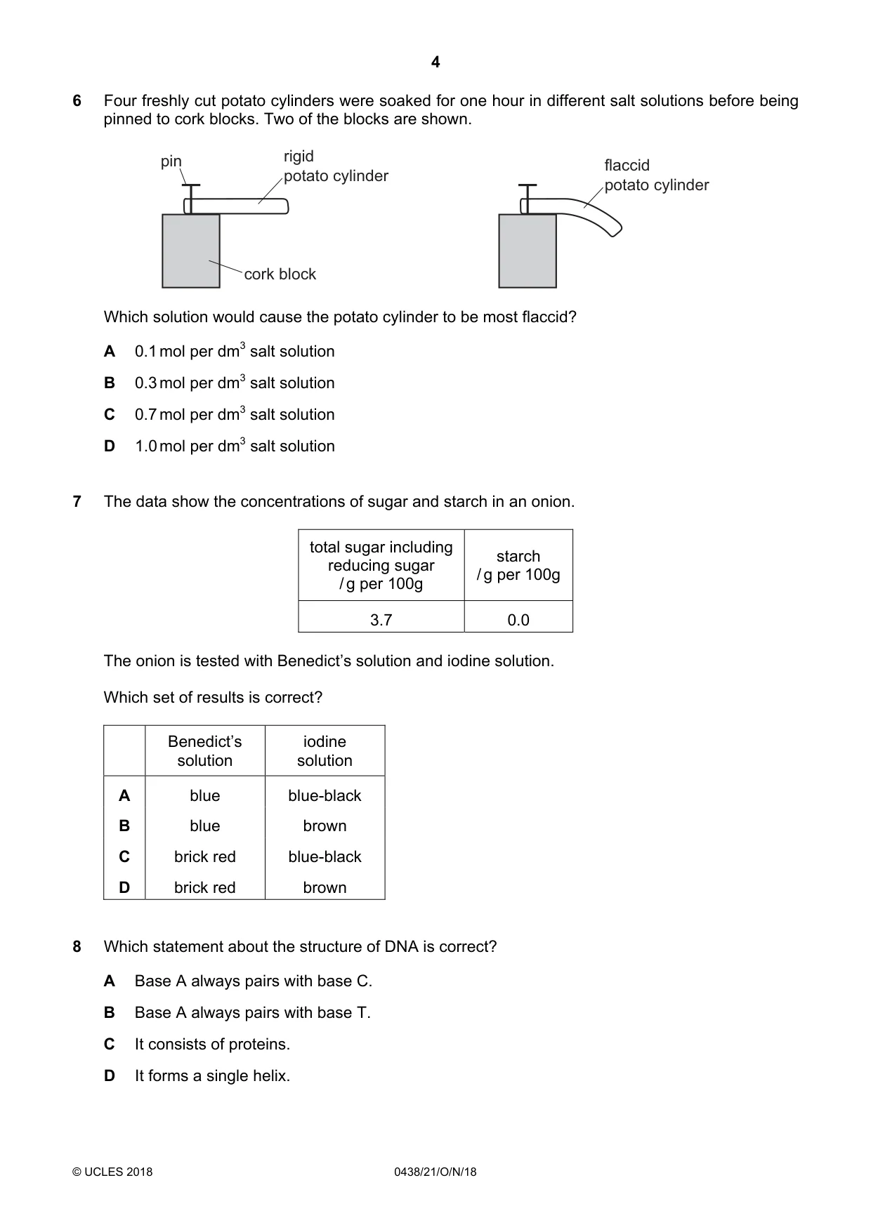 Cambridge IGCSE Biology (BES) 0438 2018 Oct/Nov Paper 2 · Variant 1 question paper, page 4 of 20