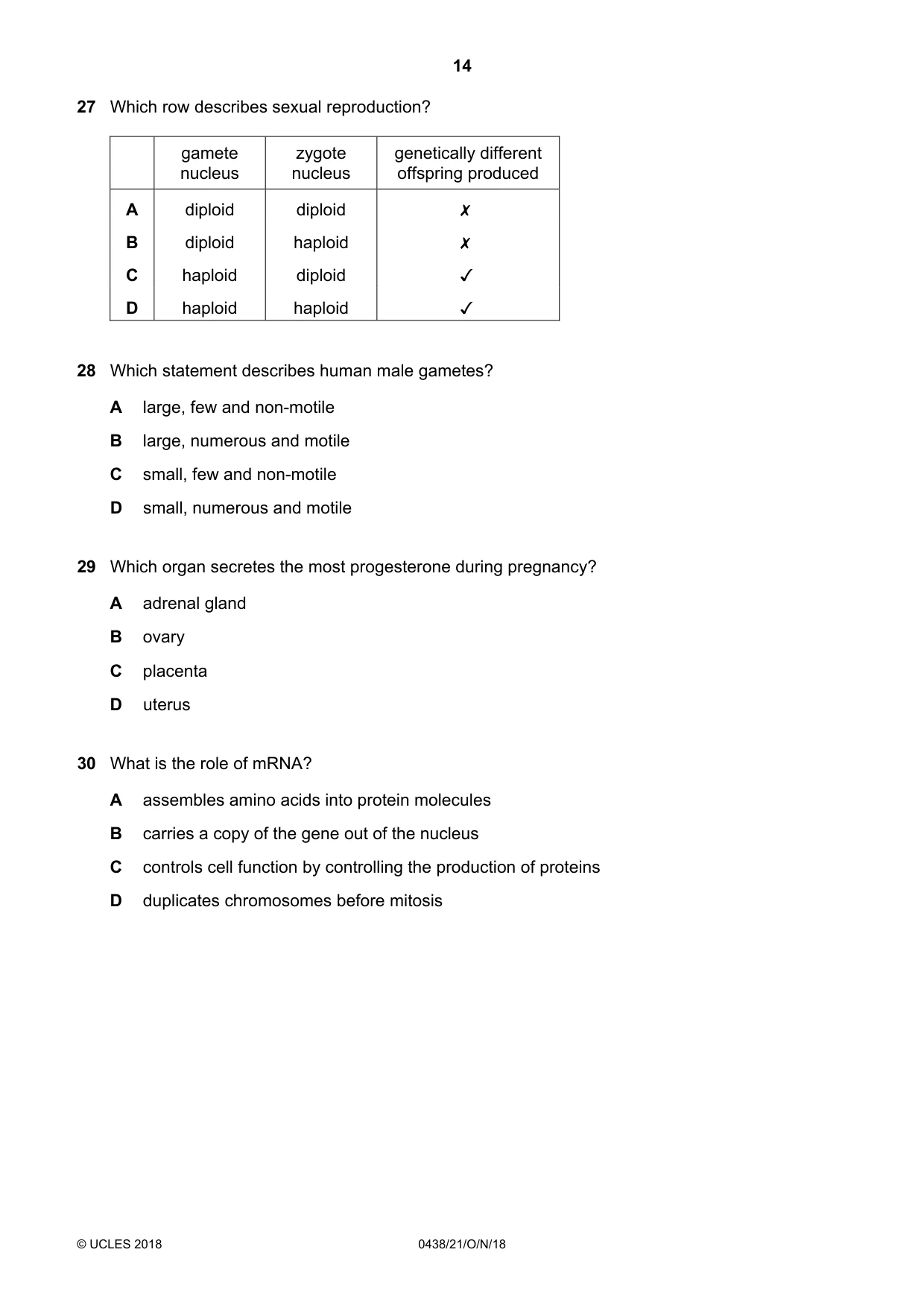 Cambridge IGCSE Biology (BES) 0438 2018 Oct/Nov Paper 2 · Variant 1 question paper, page 14 of 20