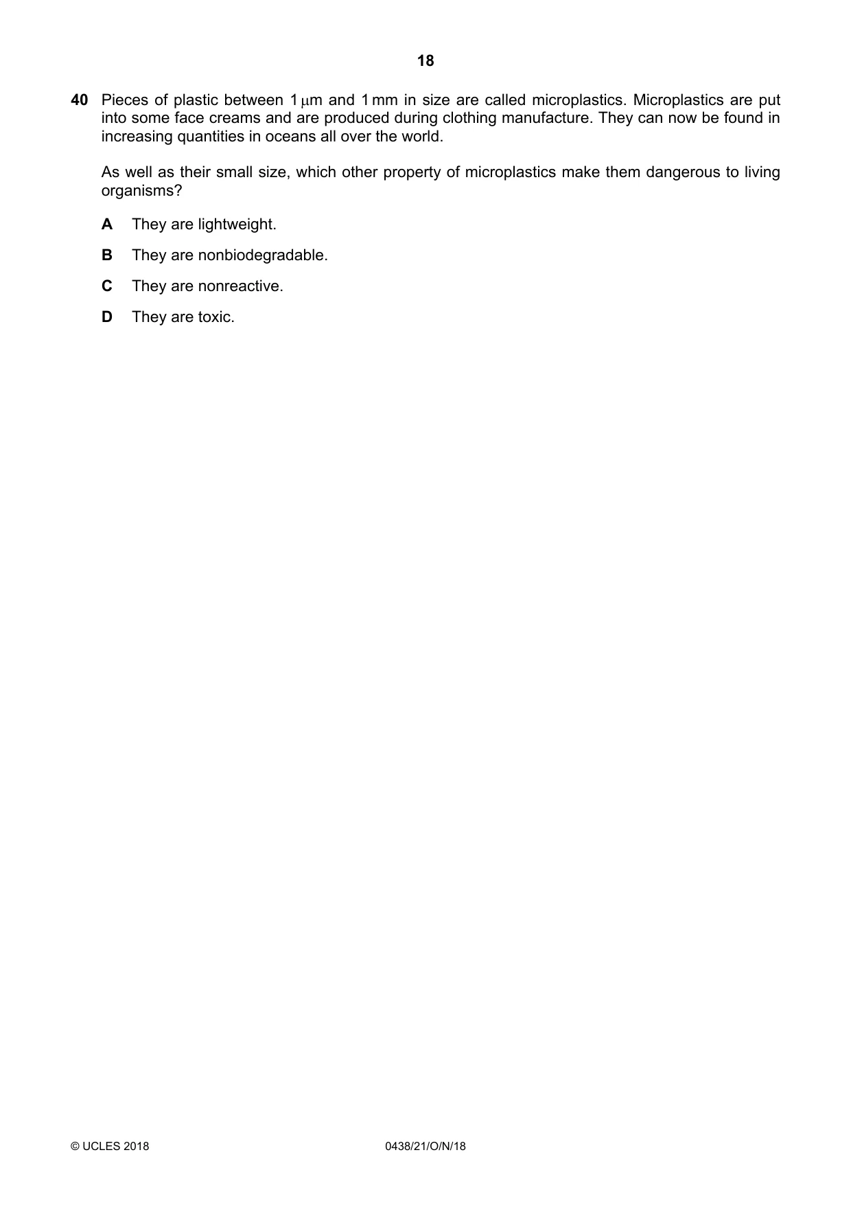 Cambridge IGCSE Biology (BES) 0438 2018 Oct/Nov Paper 2 · Variant 1 question paper, page 18 of 20