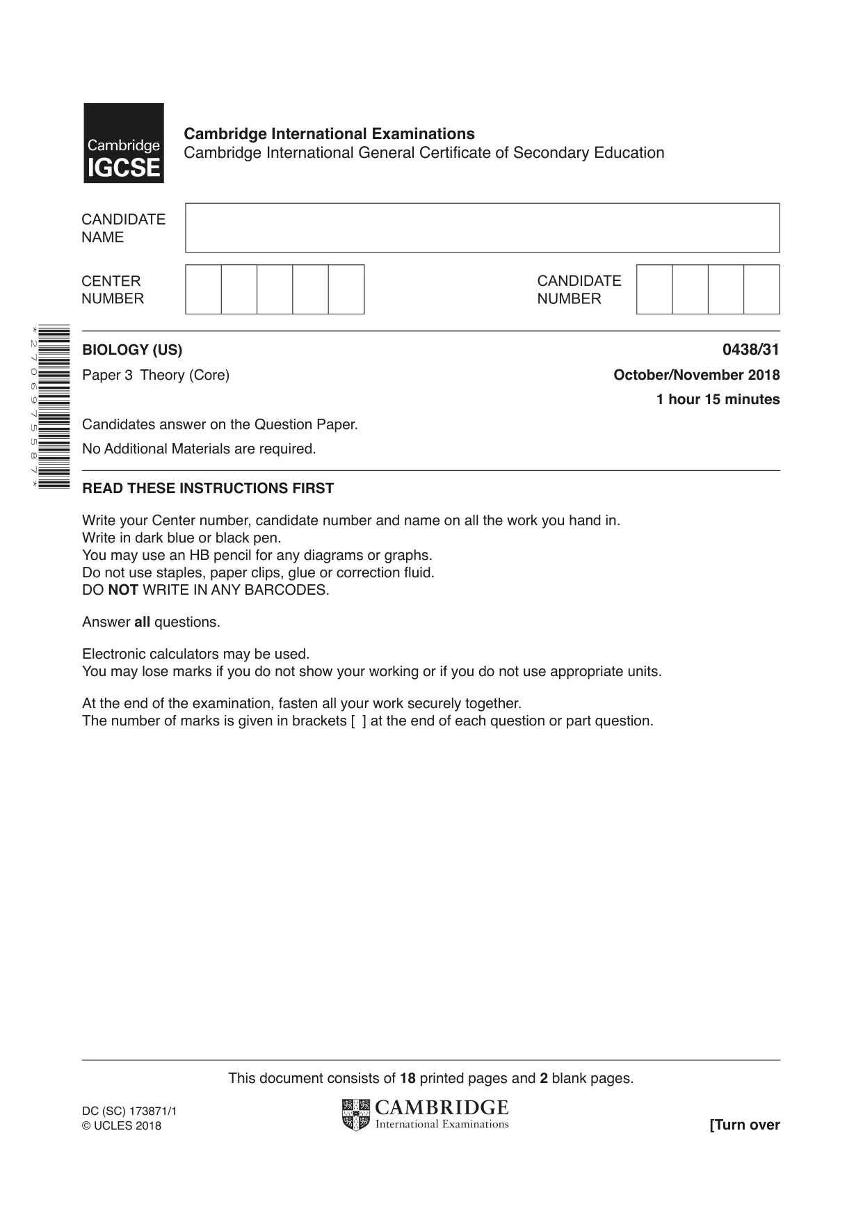 Cambridge IGCSE Biology (BES) 0438 2018 Oct/Nov Paper 3 · Variant 1 question paper, page 1 of 20