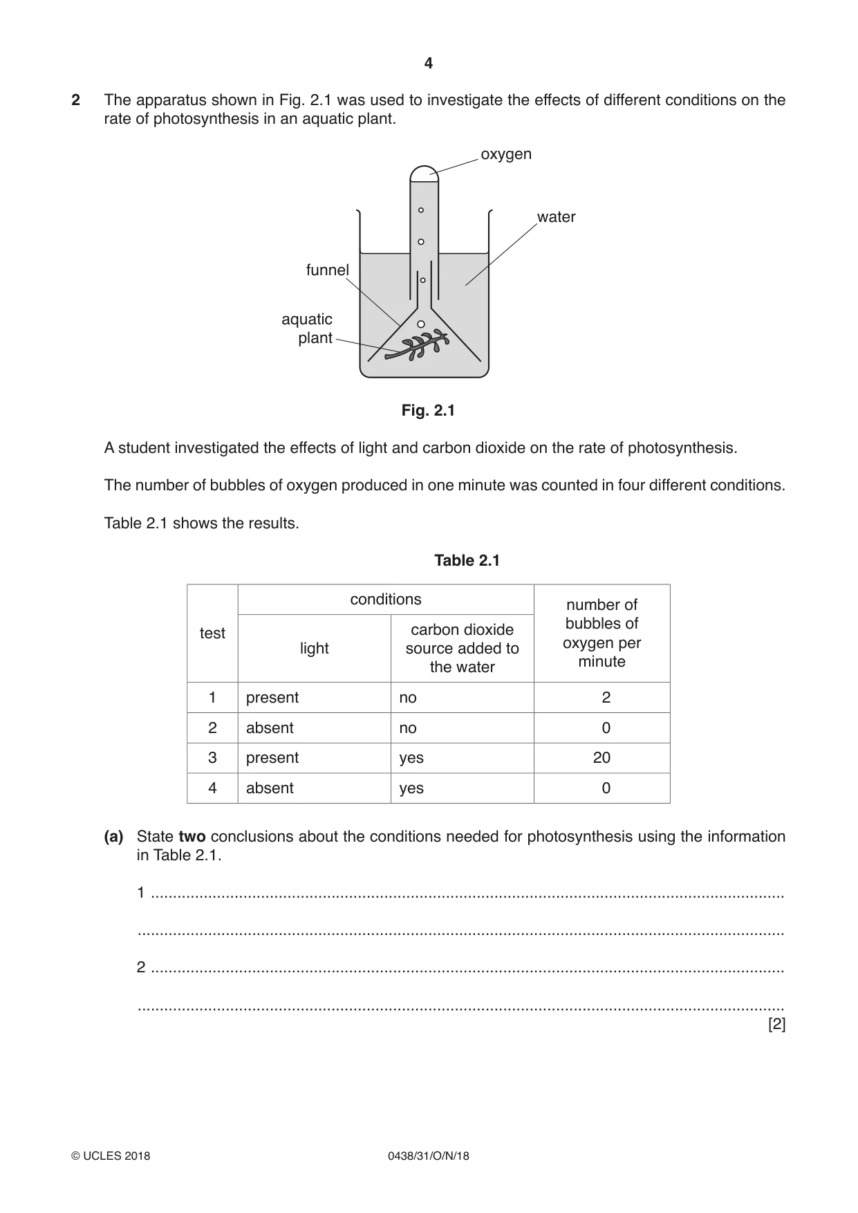 Cambridge IGCSE Biology (BES) 0438 2018 Oct/Nov Paper 3 · Variant 1 question paper, page 4 of 20