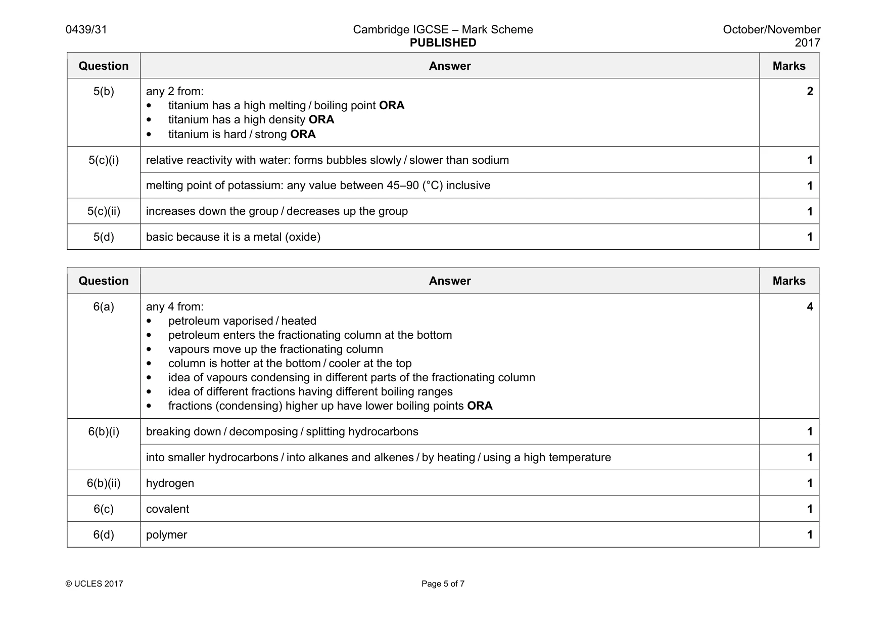 Mark scheme, page 5 of 7