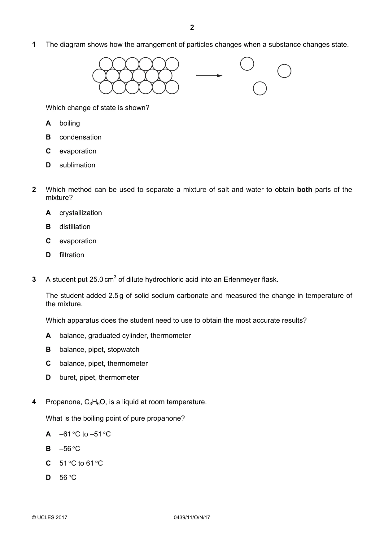 Cambridge IGCSE Chemistry (BES) 0439 2017 Oct/Nov Paper 1 · Variant 1 question paper, page 2 of 16