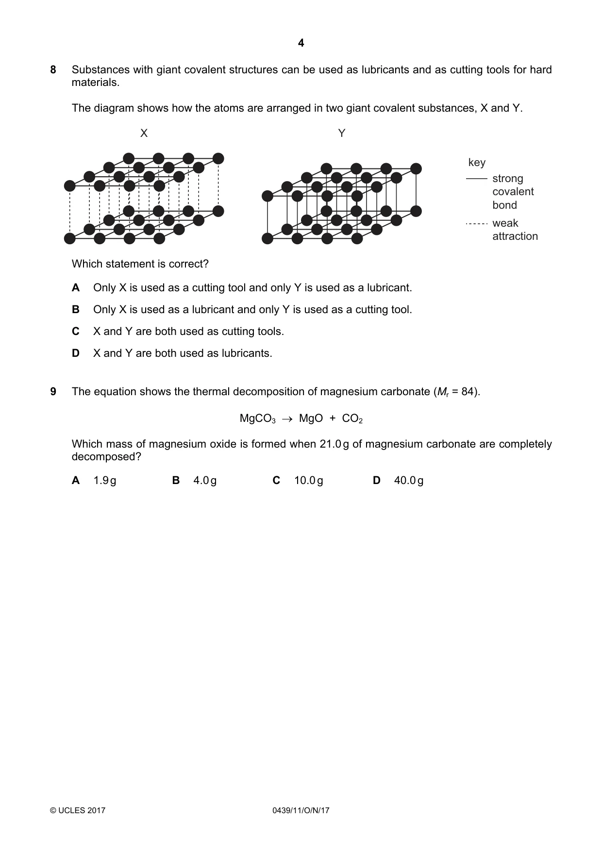 Cambridge IGCSE Chemistry (BES) 0439 2017 Oct/Nov Paper 1 · Variant 1 question paper, page 4 of 16