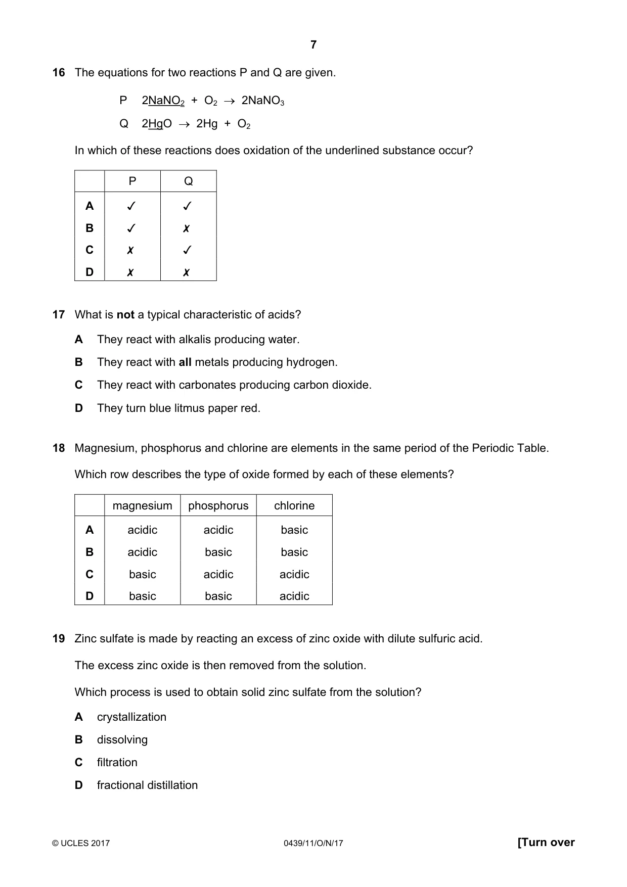 Cambridge IGCSE Chemistry (BES) 0439 2017 Oct/Nov Paper 1 · Variant 1 question paper, page 7 of 16