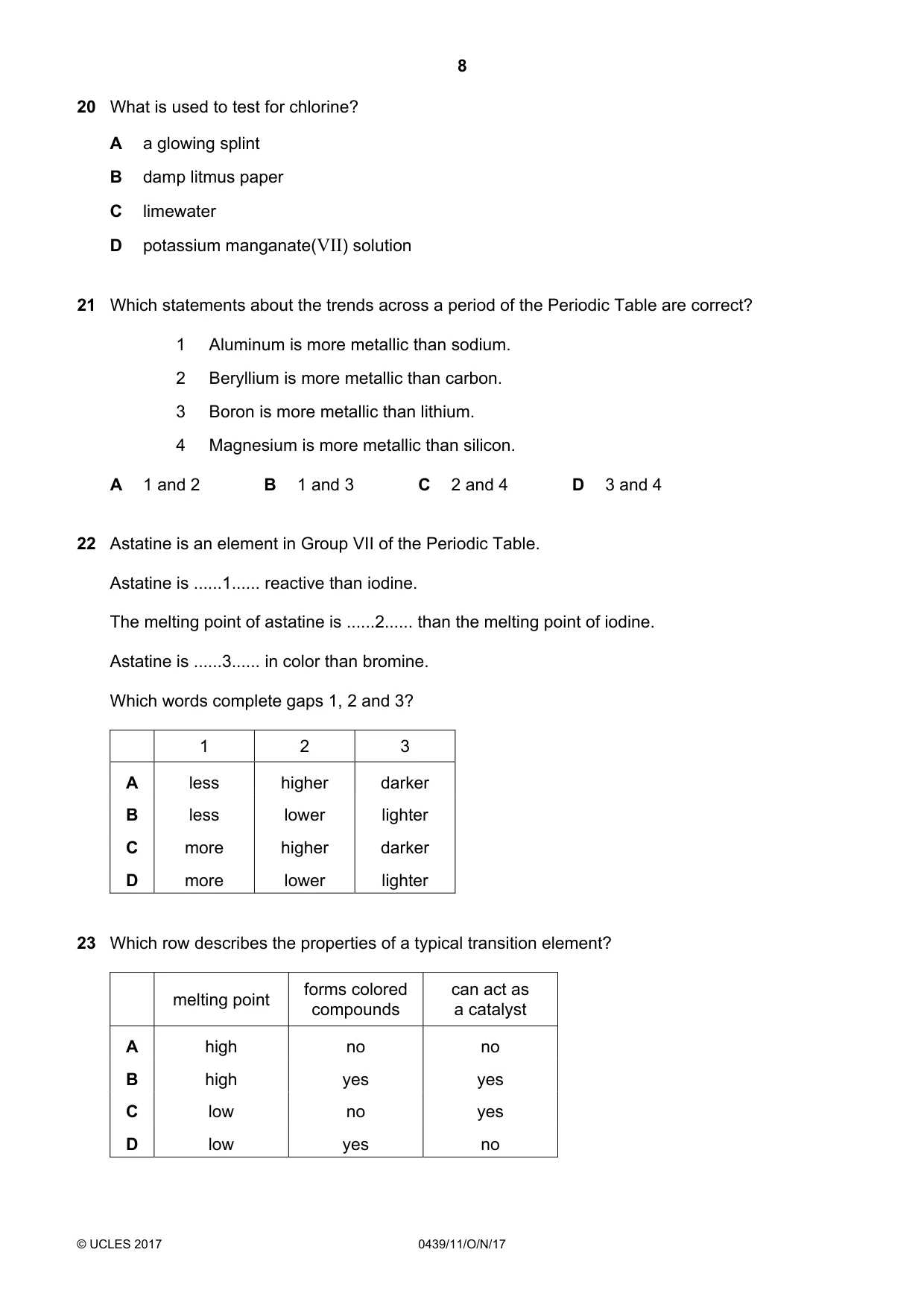 Cambridge IGCSE Chemistry (BES) 0439 2017 Oct/Nov Paper 1 · Variant 1 question paper, page 8 of 16