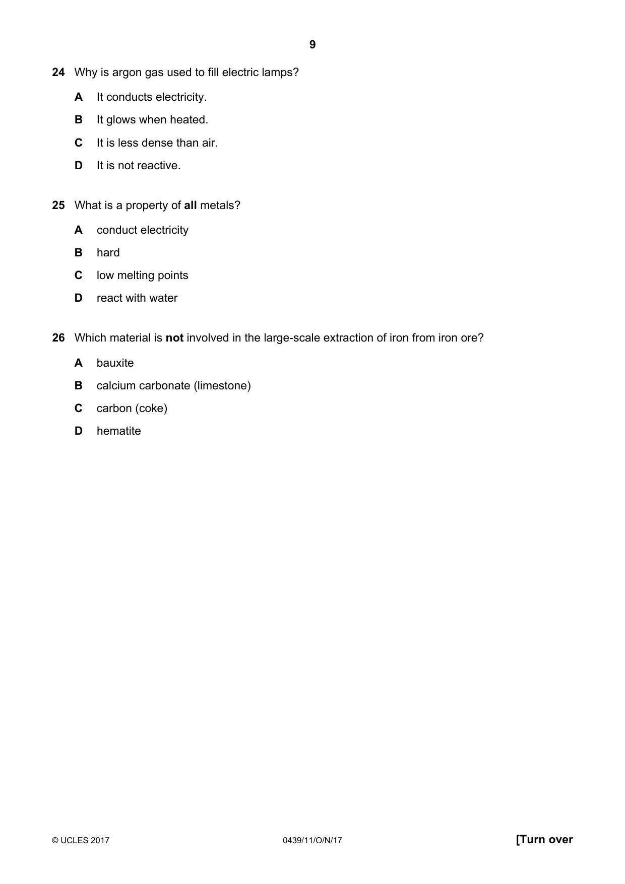 Cambridge IGCSE Chemistry (BES) 0439 2017 Oct/Nov Paper 1 · Variant 1 question paper, page 9 of 16