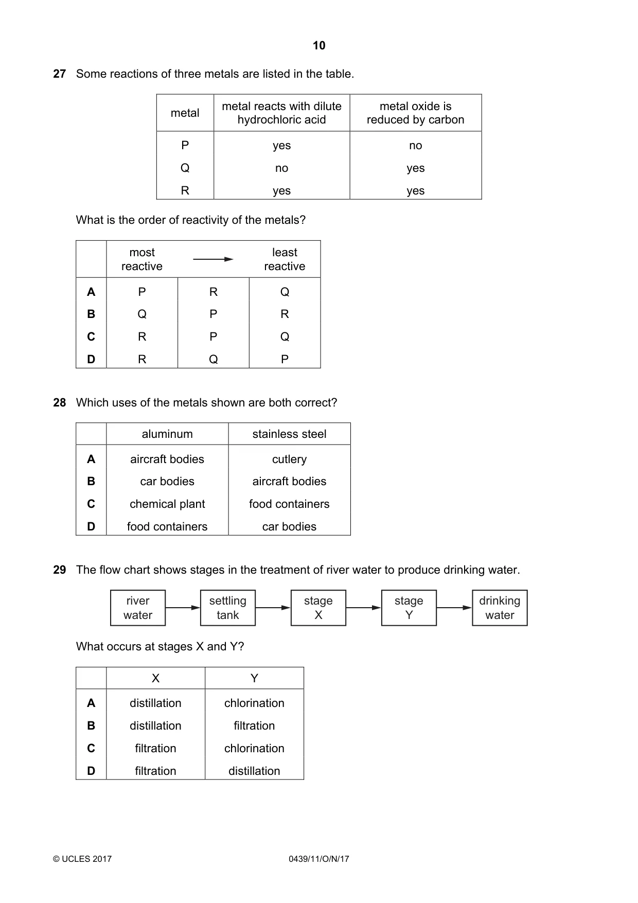 Cambridge IGCSE Chemistry (BES) 0439 2017 Oct/Nov Paper 1 · Variant 1 question paper, page 10 of 16