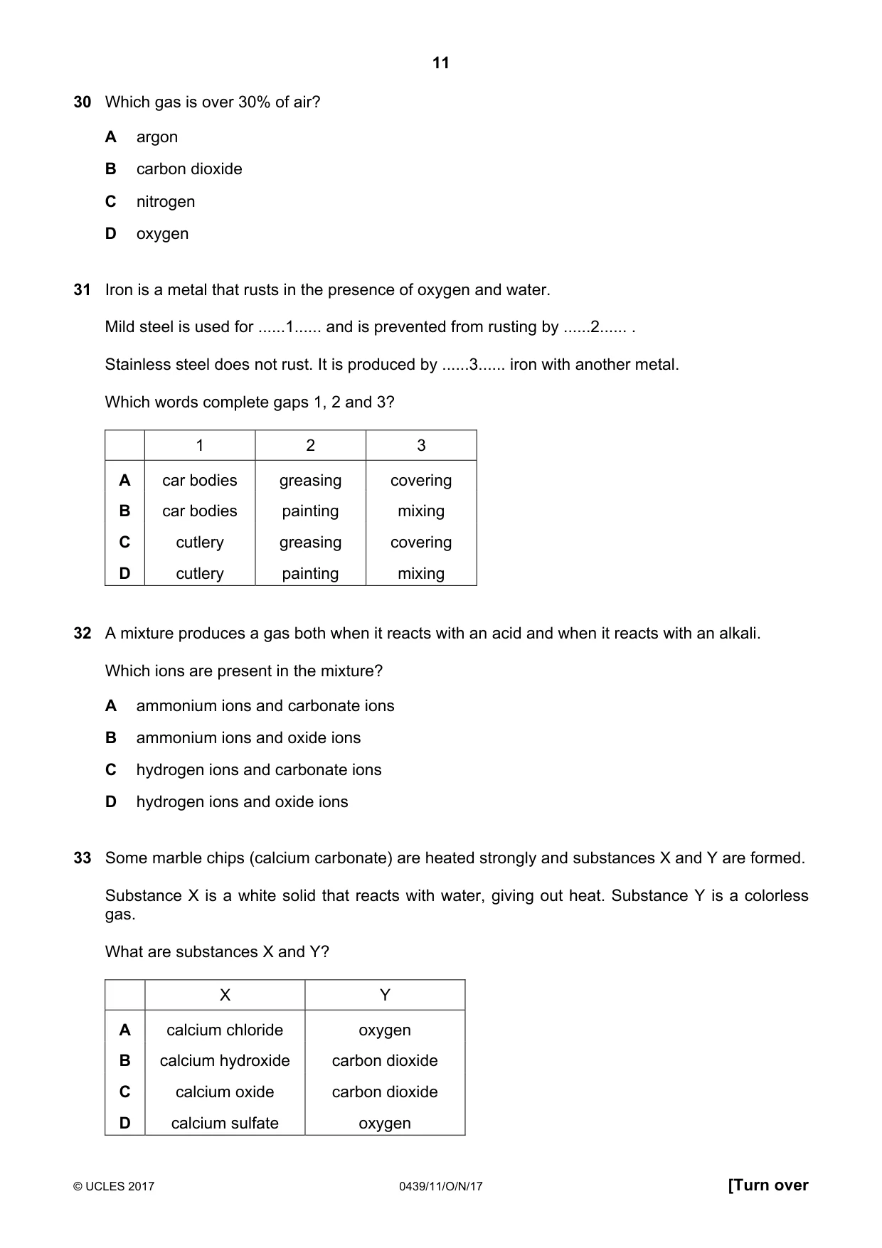 Cambridge IGCSE Chemistry (BES) 0439 2017 Oct/Nov Paper 1 · Variant 1 question paper, page 11 of 16