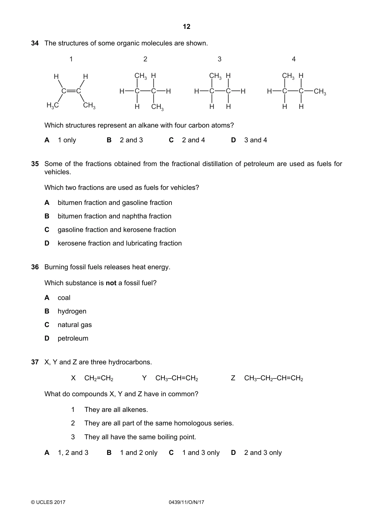 Cambridge IGCSE Chemistry (BES) 0439 2017 Oct/Nov Paper 1 · Variant 1 question paper, page 12 of 16