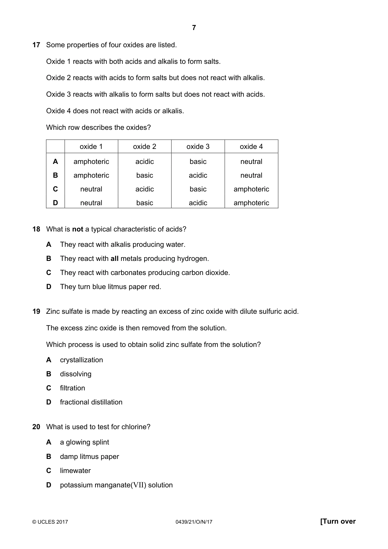 Cambridge IGCSE Chemistry (BES) 0439 2017 Oct/Nov Paper 2 · Variant 1 question paper, page 7 of 16