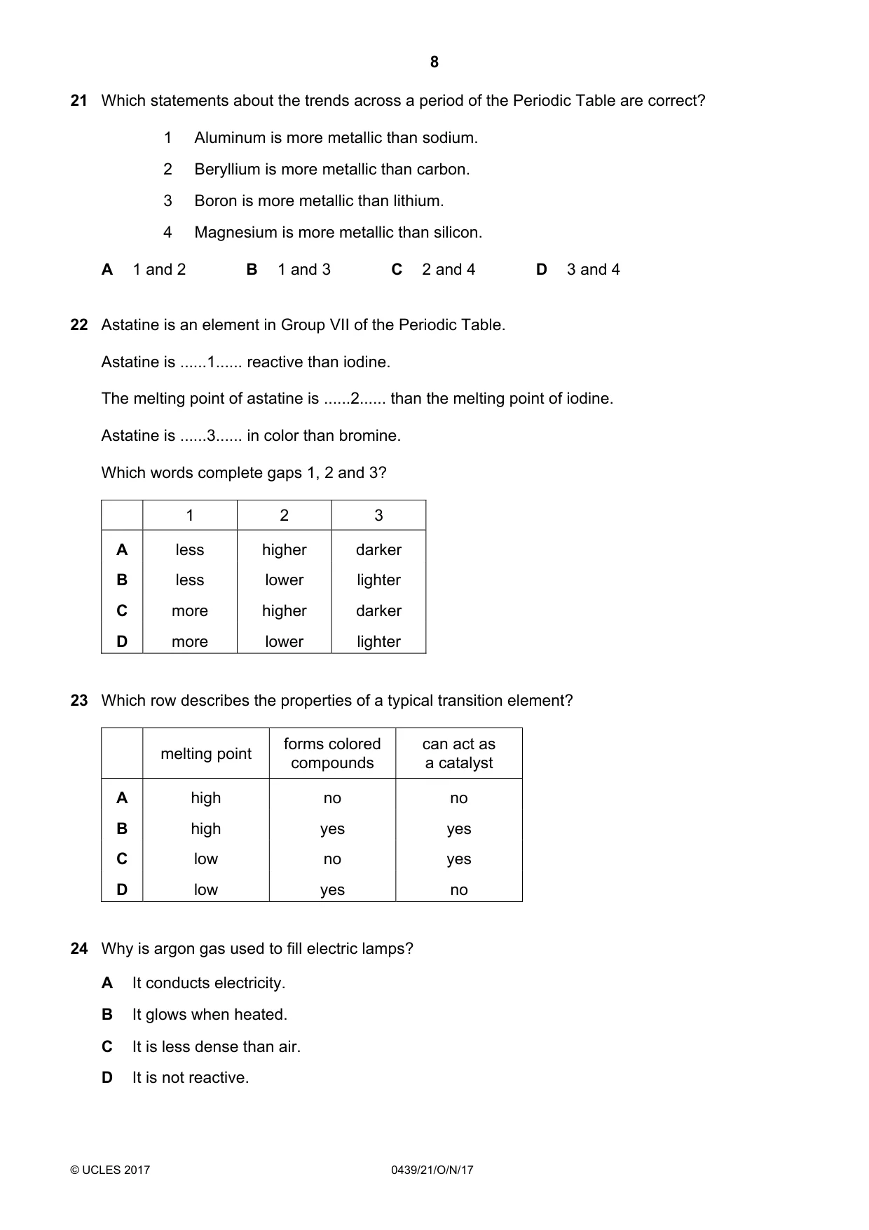 Cambridge IGCSE Chemistry (BES) 0439 2017 Oct/Nov Paper 2 · Variant 1 question paper, page 8 of 16