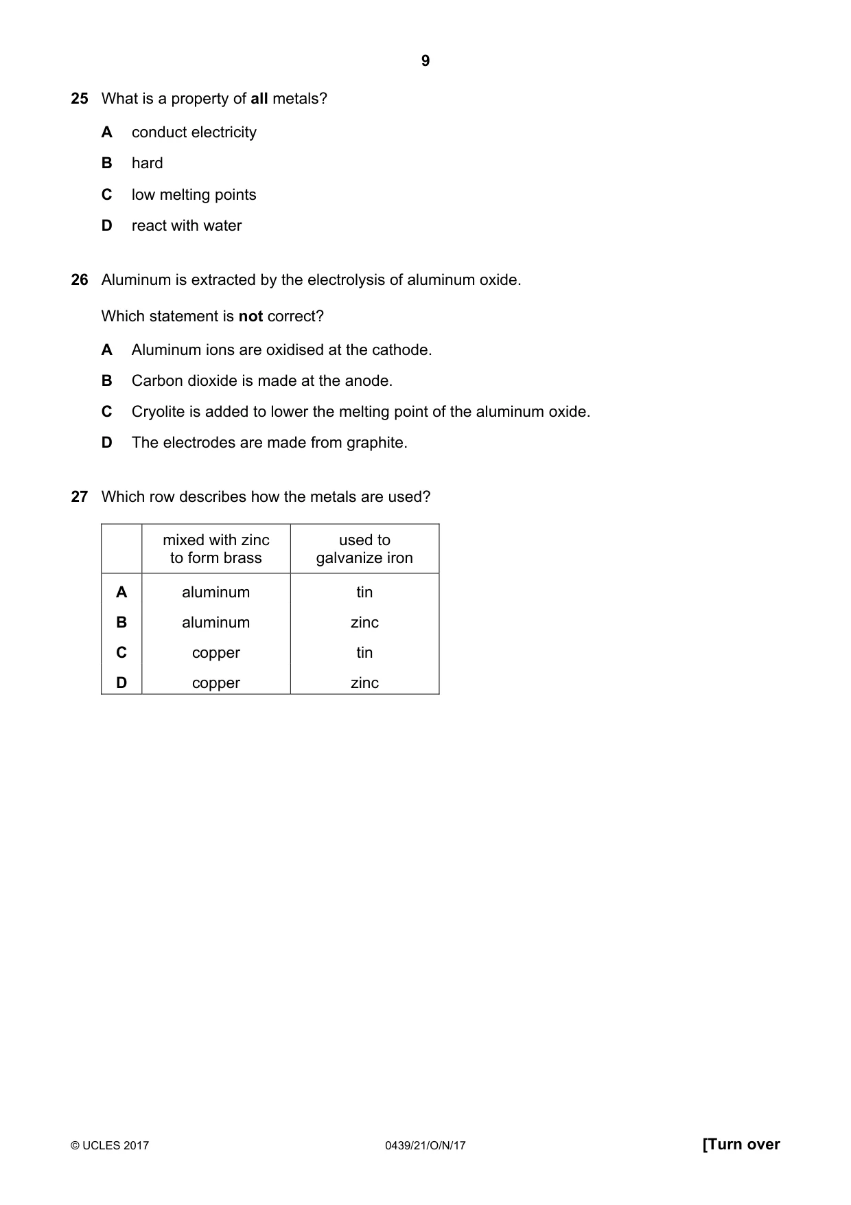 Cambridge IGCSE Chemistry (BES) 0439 2017 Oct/Nov Paper 2 · Variant 1 question paper, page 9 of 16
