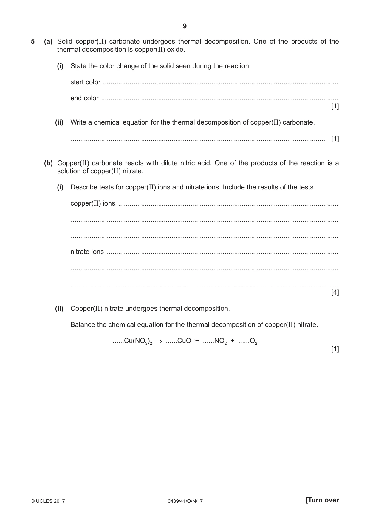 Cambridge IGCSE Chemistry (BES) 0439 2017 Oct/Nov Paper 4 · Variant 1 question paper, page 9 of 16