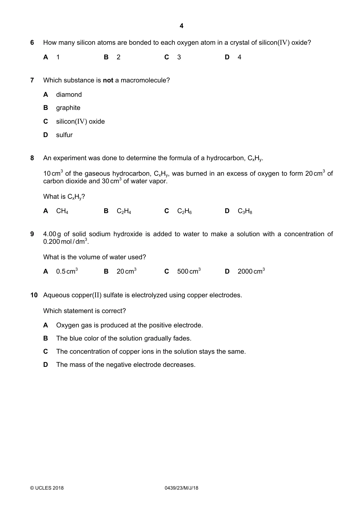 Cambridge IGCSE Chemistry (BES) 0439 2018 May/June Paper 2 · Variant 3 question paper, page 4 of 16