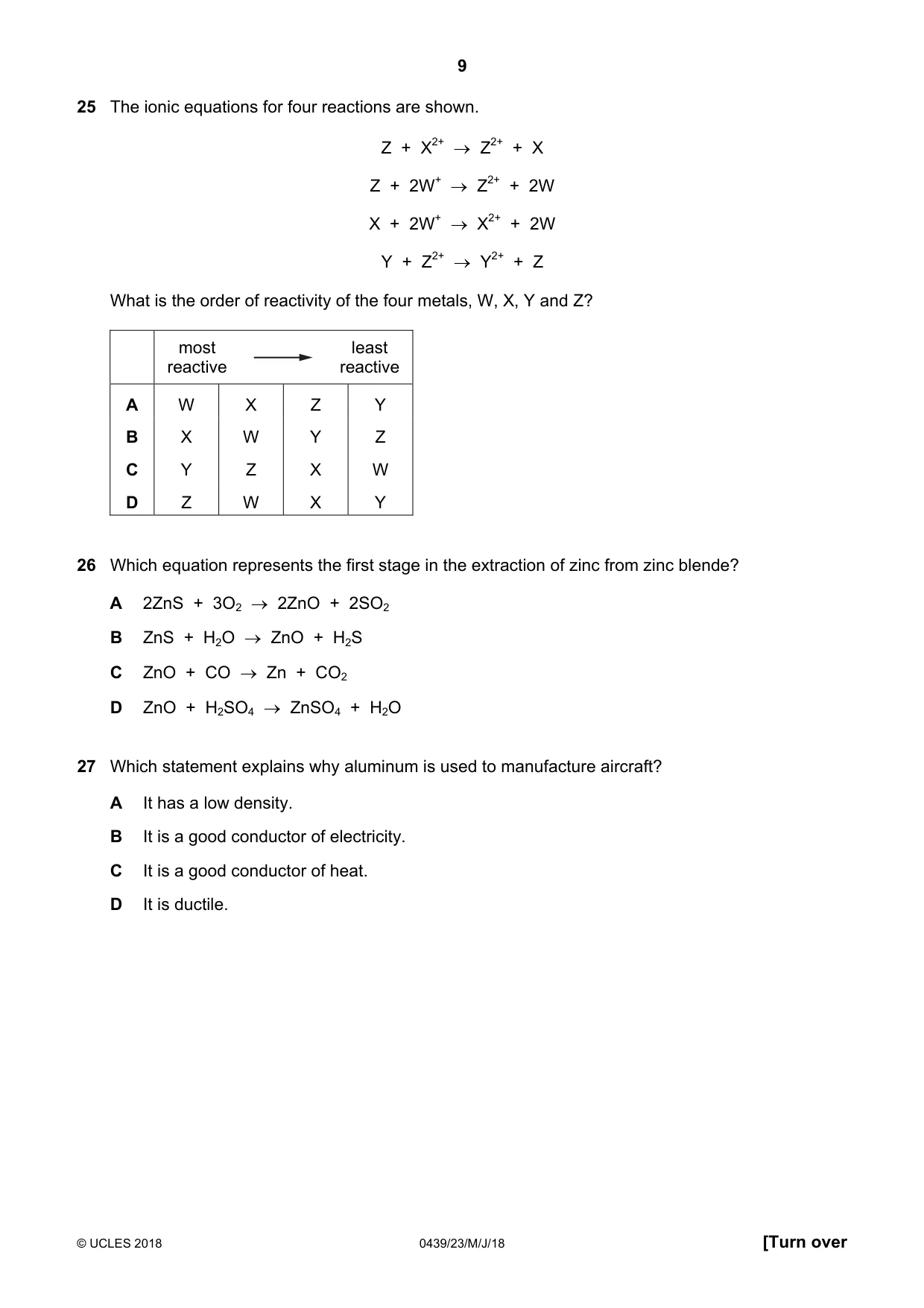 Cambridge IGCSE Chemistry (BES) 0439 2018 May/June Paper 2 · Variant 3 question paper, page 9 of 16
