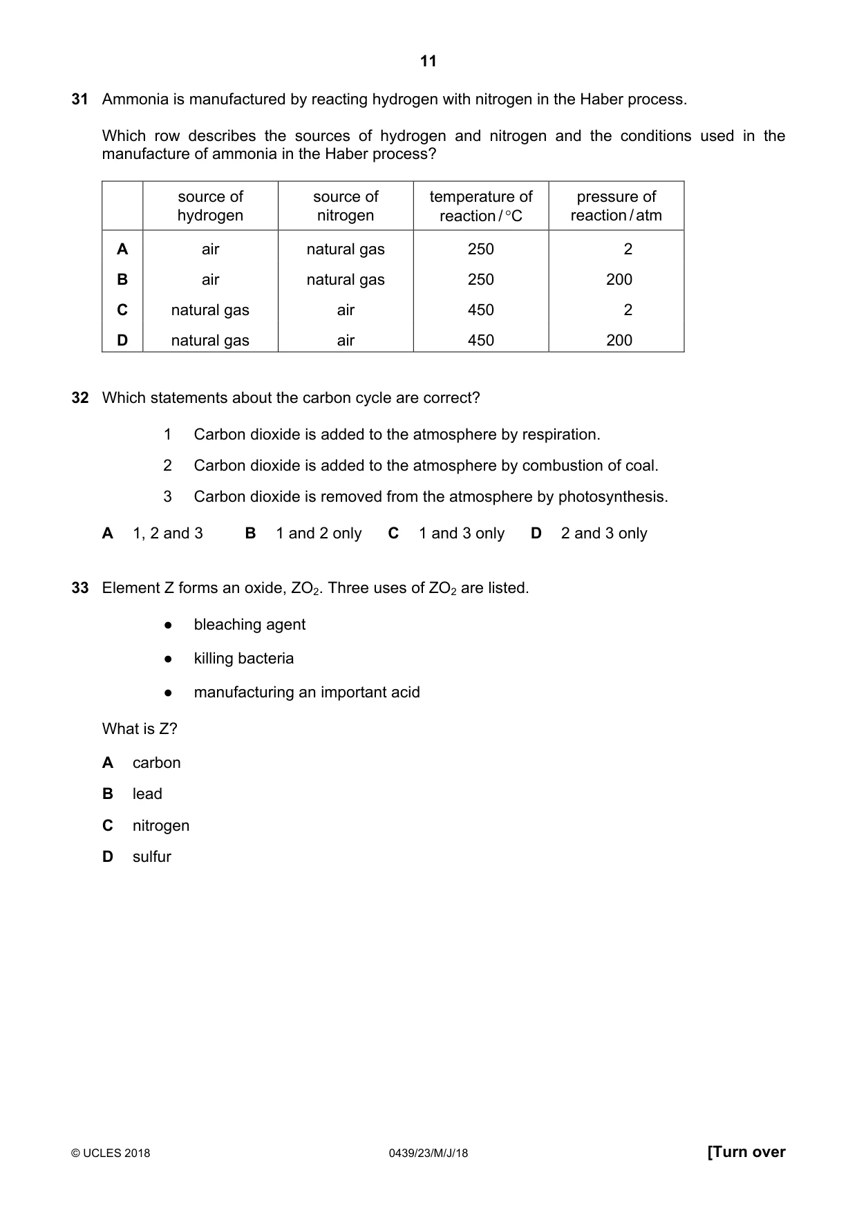 Cambridge IGCSE Chemistry (BES) 0439 2018 May/June Paper 2 · Variant 3 question paper, page 11 of 16