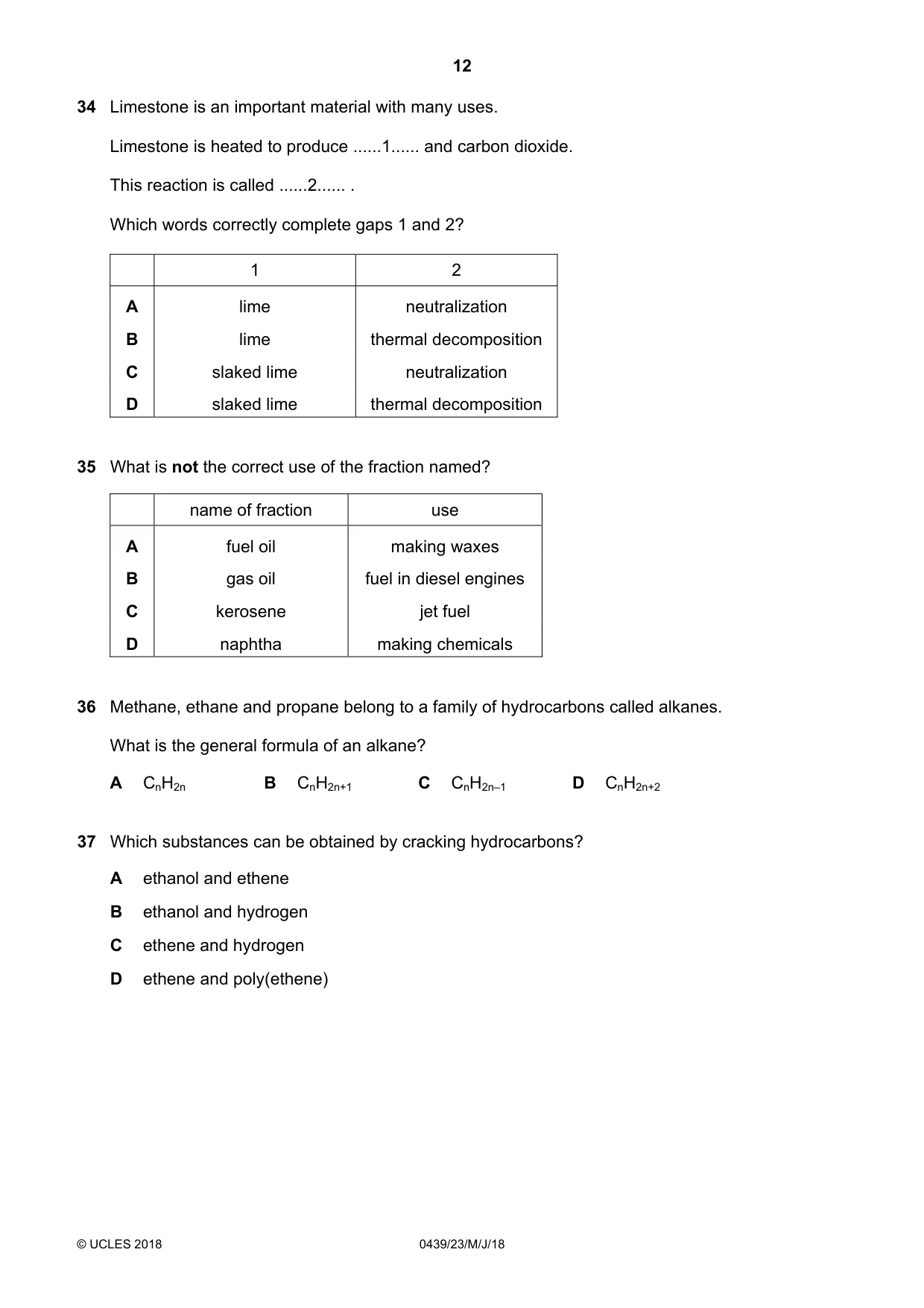 Cambridge IGCSE Chemistry (BES) 0439 2018 May/June Paper 2 · Variant 3 question paper, page 12 of 16