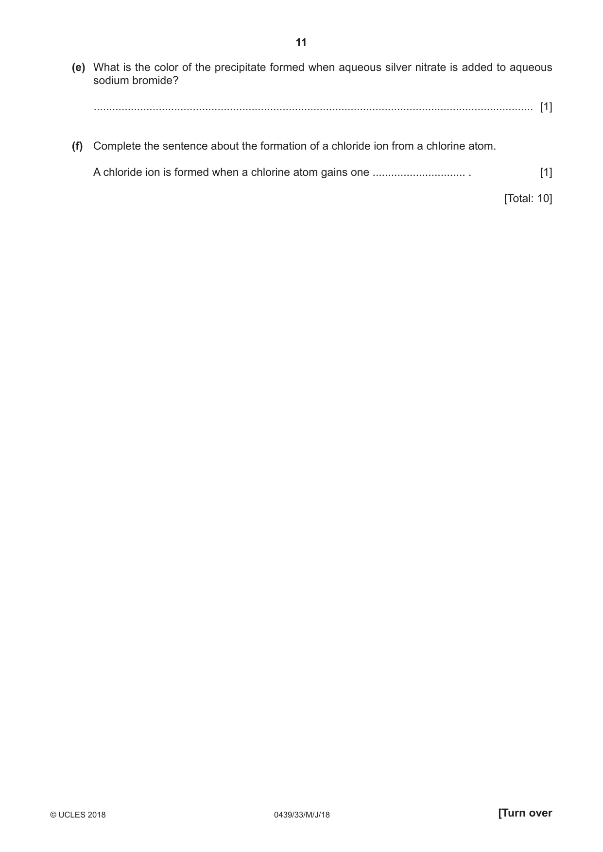 Cambridge IGCSE Chemistry (BES) 0439 2018 May/June Paper 3 · Variant 3 question paper, page 11 of 20