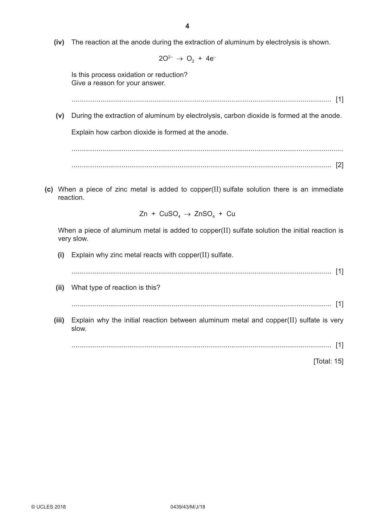 Cambridge IGCSE Chemistry (BES) 0439 2018 May/June Paper 4 · Variant 3 question paper, page 4 of 16