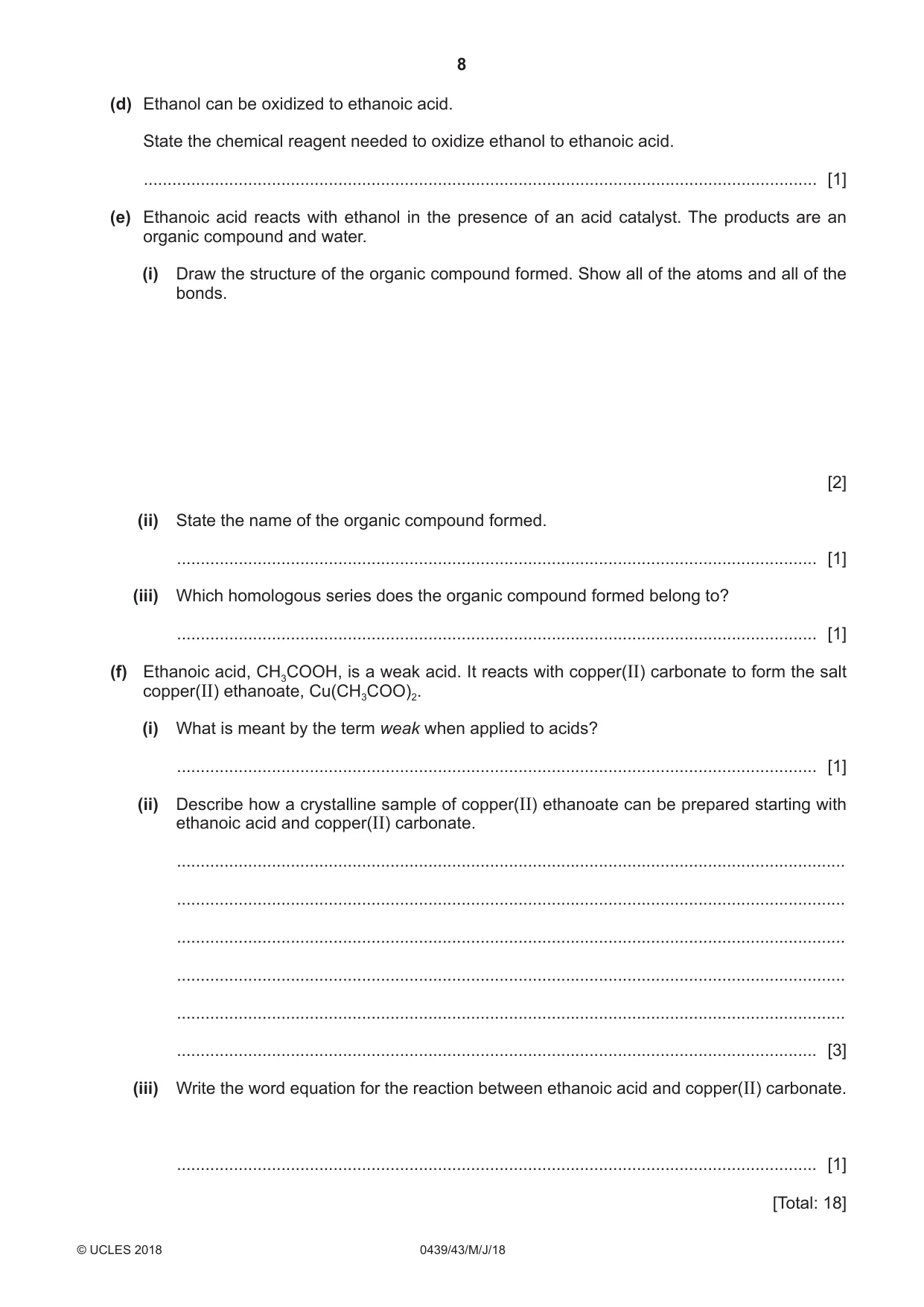 Cambridge IGCSE Chemistry (BES) 0439 2018 May/June Paper 4 · Variant 3 question paper, page 8 of 16