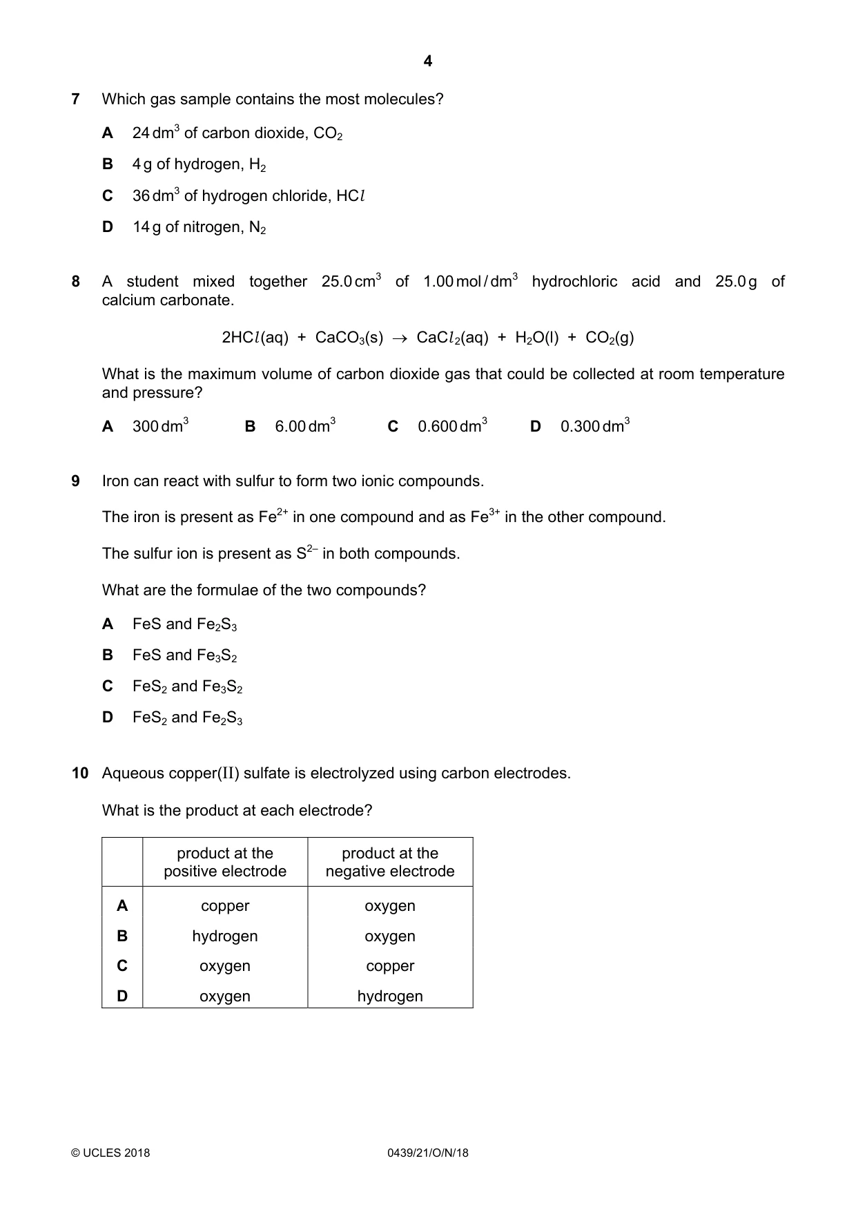 Cambridge IGCSE Chemistry (BES) 0439 2018 Oct/Nov Paper 2 · Variant 1 question paper, page 4 of 16