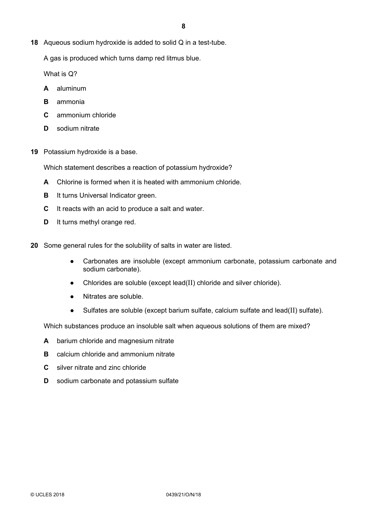 Cambridge IGCSE Chemistry (BES) 0439 2018 Oct/Nov Paper 2 · Variant 1 question paper, page 8 of 16