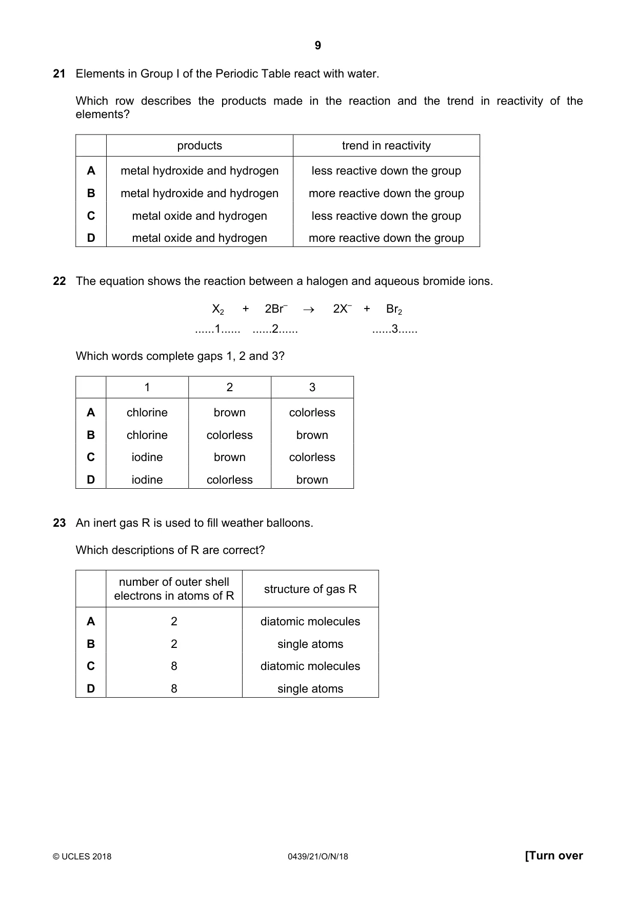 Cambridge IGCSE Chemistry (BES) 0439 2018 Oct/Nov Paper 2 · Variant 1 question paper, page 9 of 16