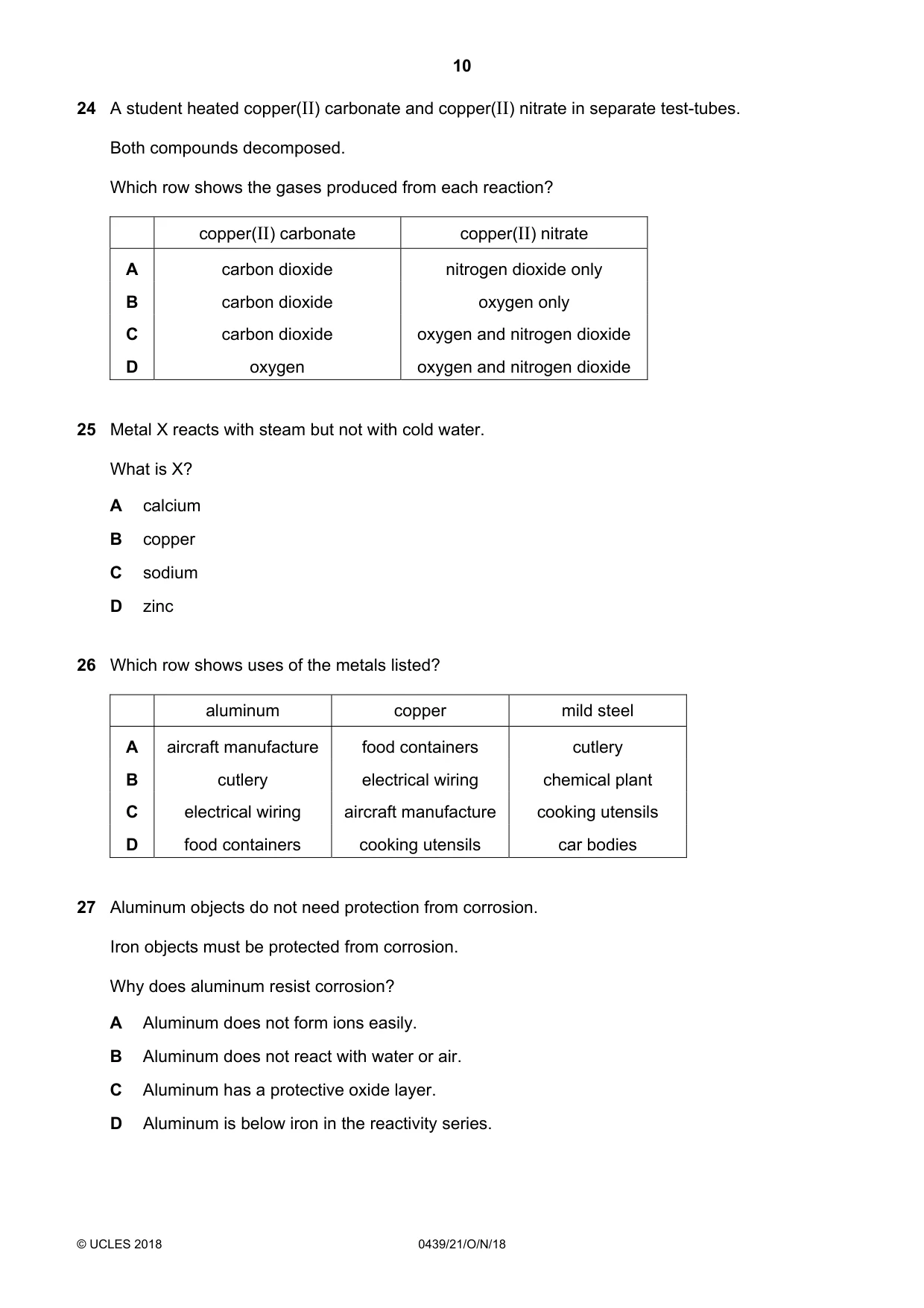 Cambridge IGCSE Chemistry (BES) 0439 2018 Oct/Nov Paper 2 · Variant 1 question paper, page 10 of 16