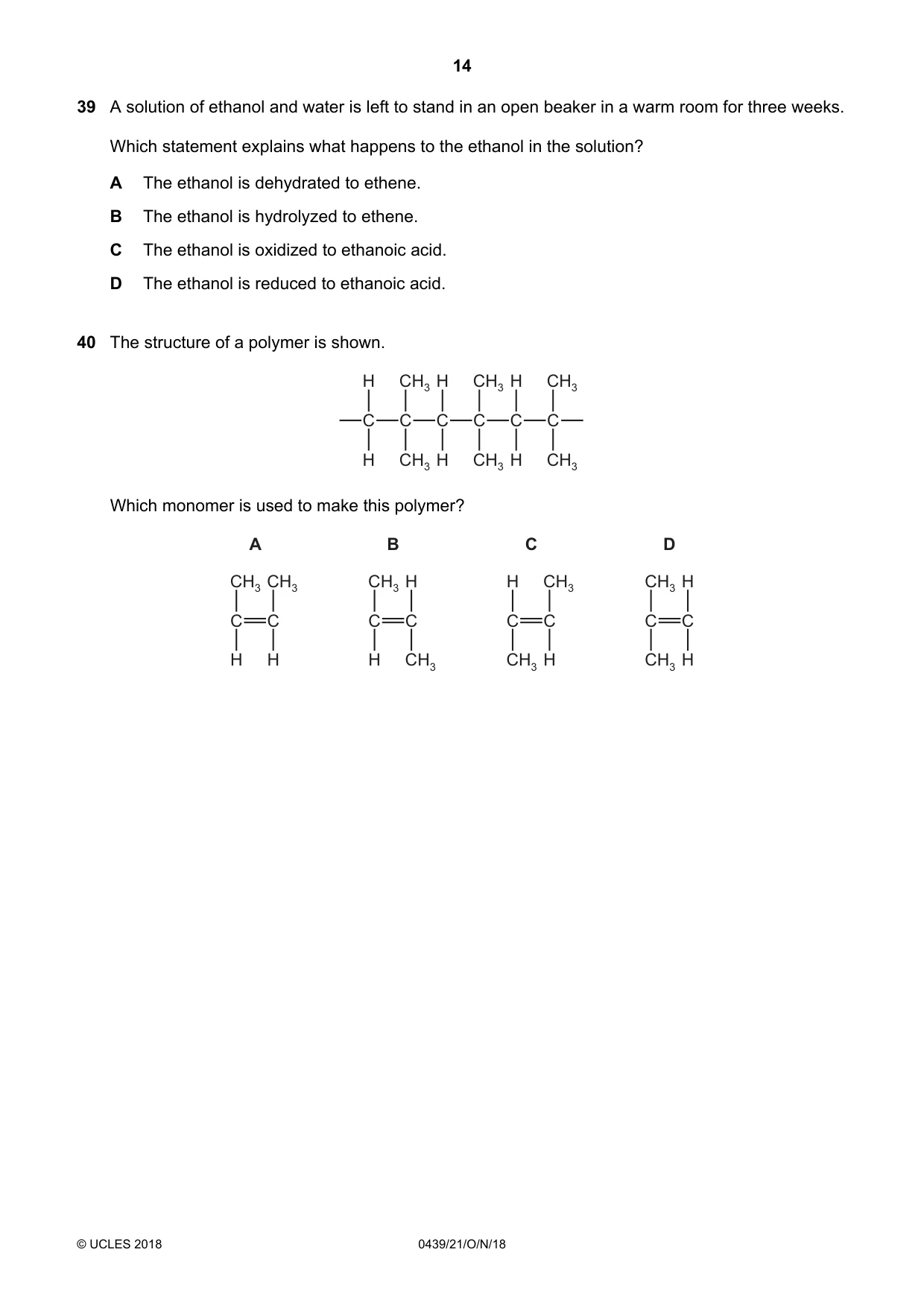 Cambridge IGCSE Chemistry (BES) 0439 2018 Oct/Nov Paper 2 · Variant 1 question paper, page 14 of 16