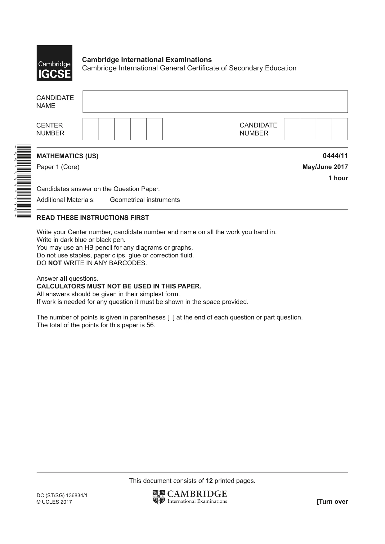 Cambridge IGCSE Mathematics (US) 0444 2017 May/June Paper 1 · Variant 1 question paper, page 1 of 12