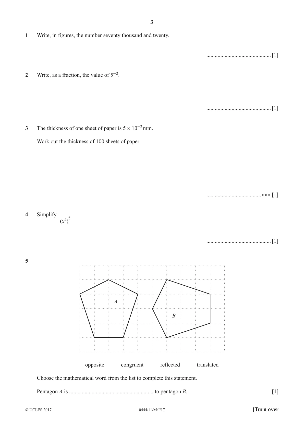 Cambridge IGCSE Mathematics (US) 0444 2017 May/June Paper 1 · Variant 1 question paper, page 3 of 12