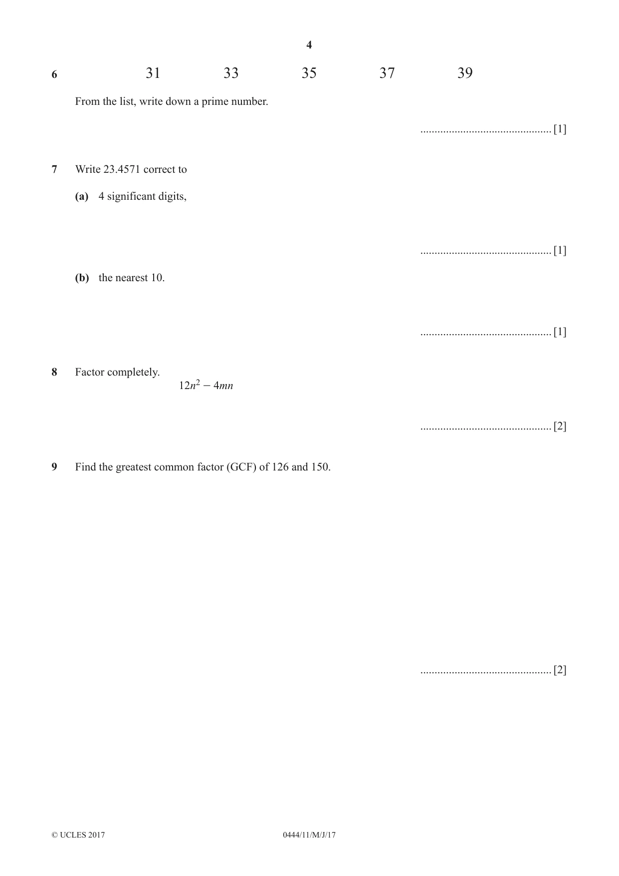 Cambridge IGCSE Mathematics (US) 0444 2017 May/June Paper 1 · Variant 1 question paper, page 4 of 12