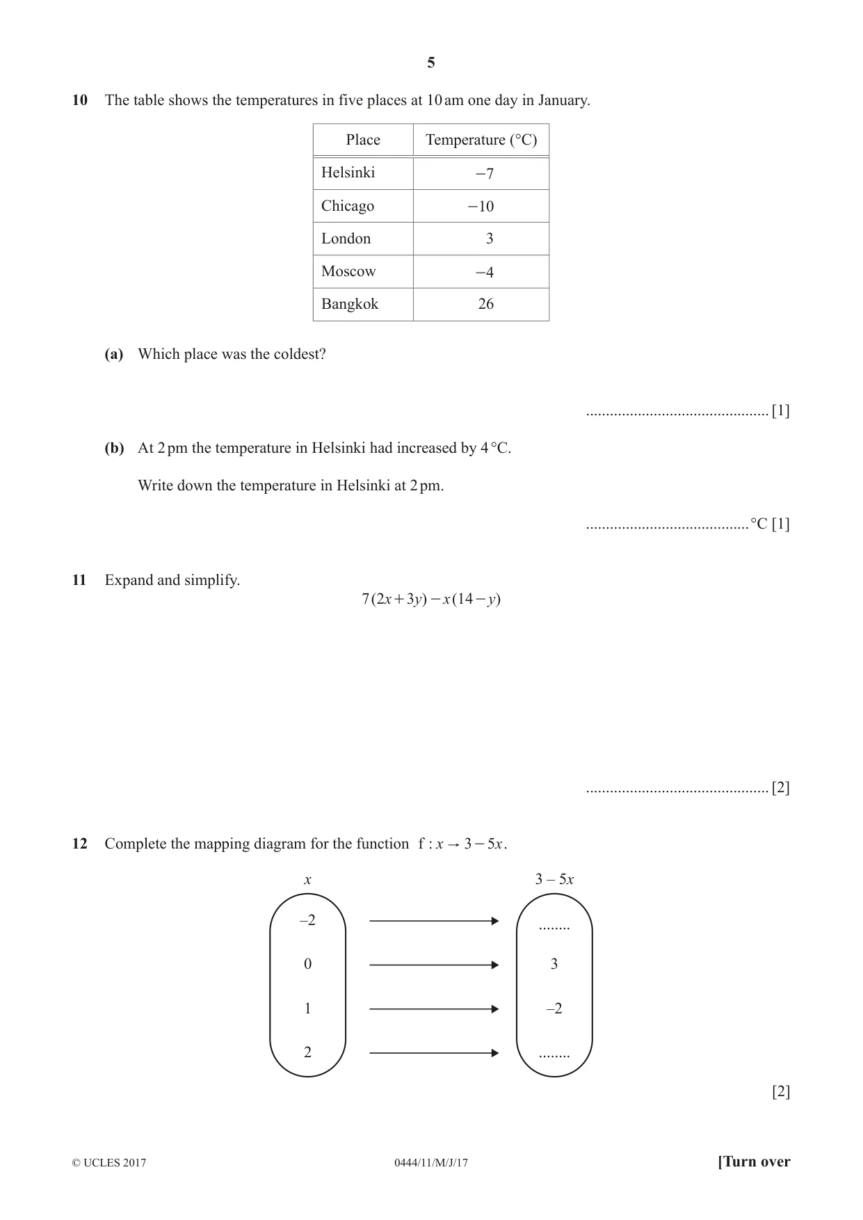 Cambridge IGCSE Mathematics (US) 0444 2017 May/June Paper 1 · Variant 1 question paper, page 5 of 12
