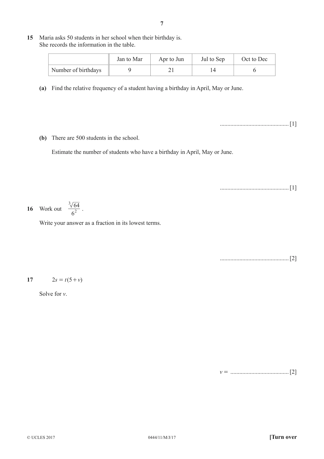Cambridge IGCSE Mathematics (US) 0444 2017 May/June Paper 1 · Variant 1 question paper, page 7 of 12