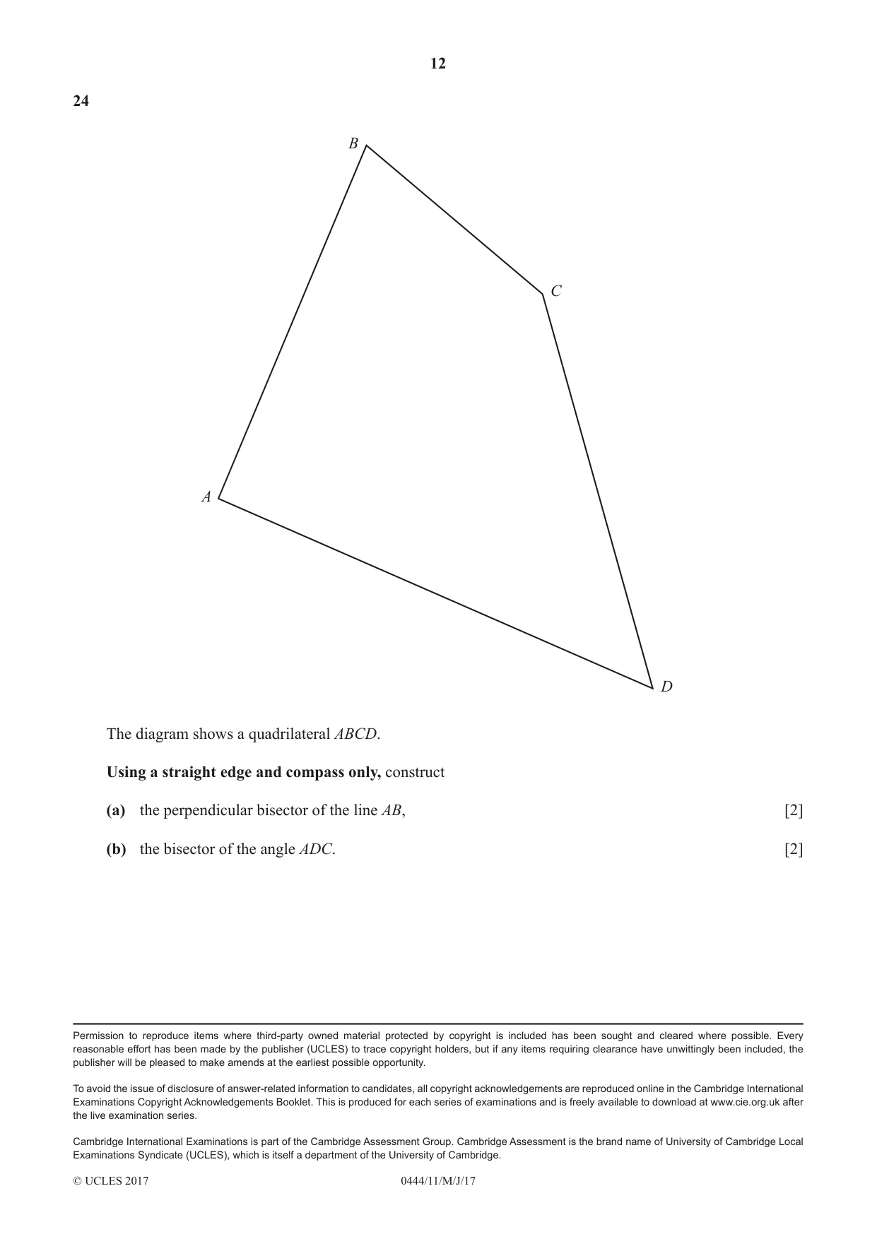 Cambridge IGCSE Mathematics (US) 0444 2017 May/June Paper 1 · Variant 1 question paper, page 12 of 12
