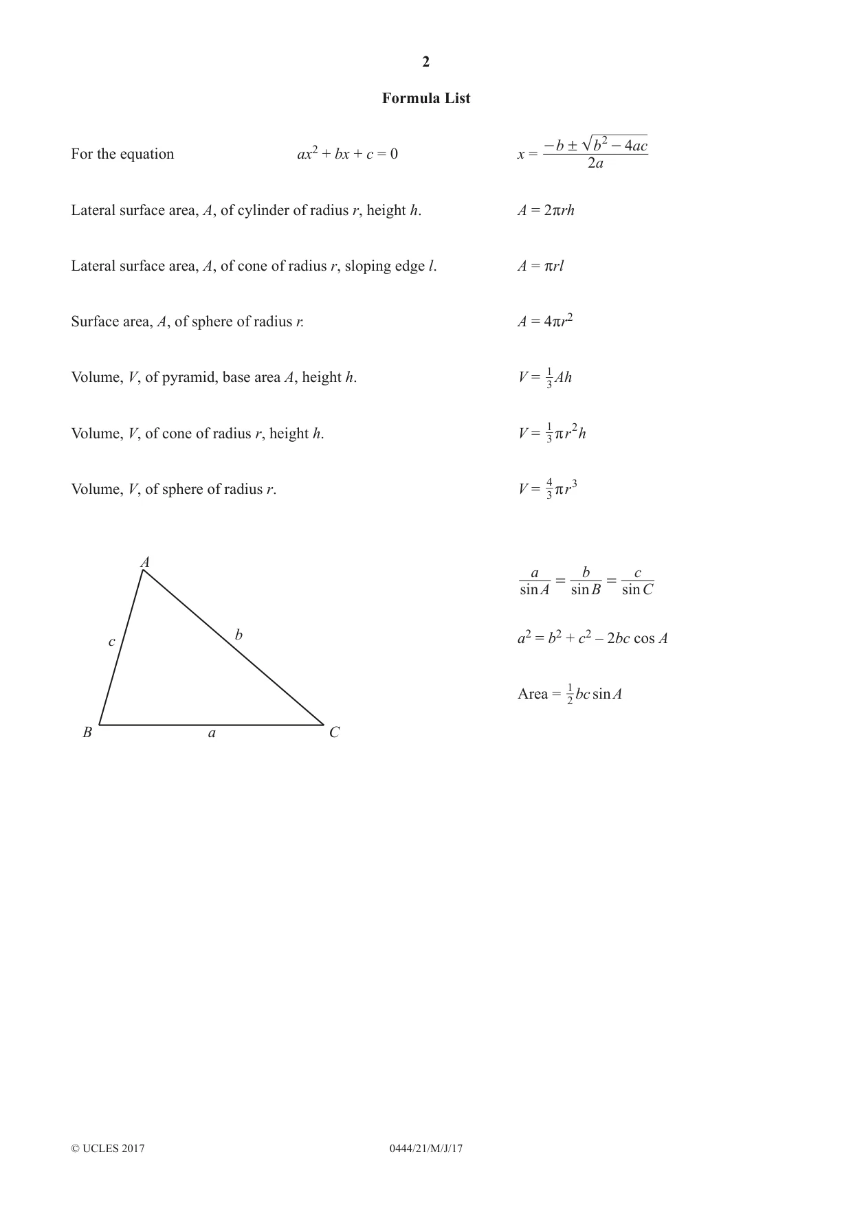 Cambridge IGCSE Mathematics (US) 0444 2017 May/June Paper 2 · Variant 1 question paper, page 2 of 16