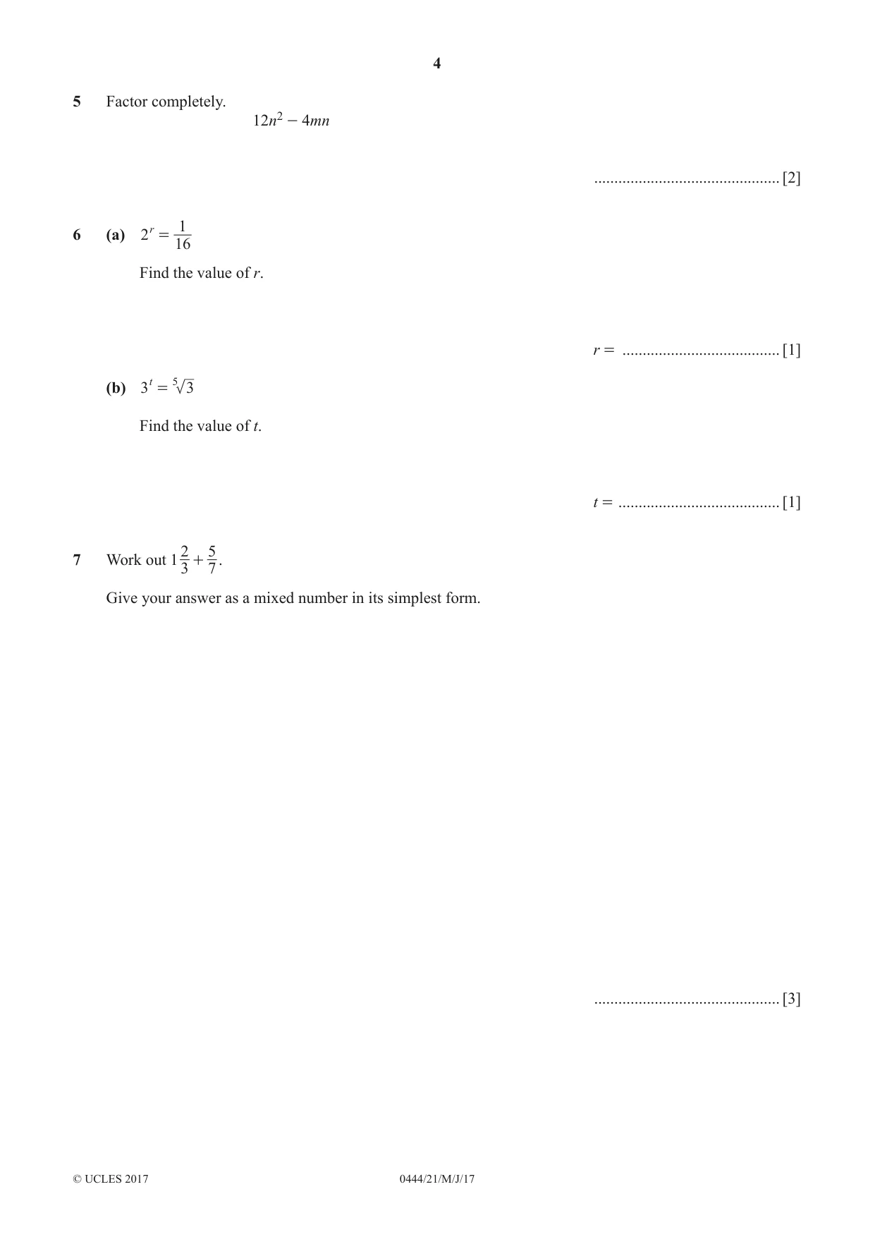 Cambridge IGCSE Mathematics (US) 0444 2017 May/June Paper 2 · Variant 1 question paper, page 4 of 16