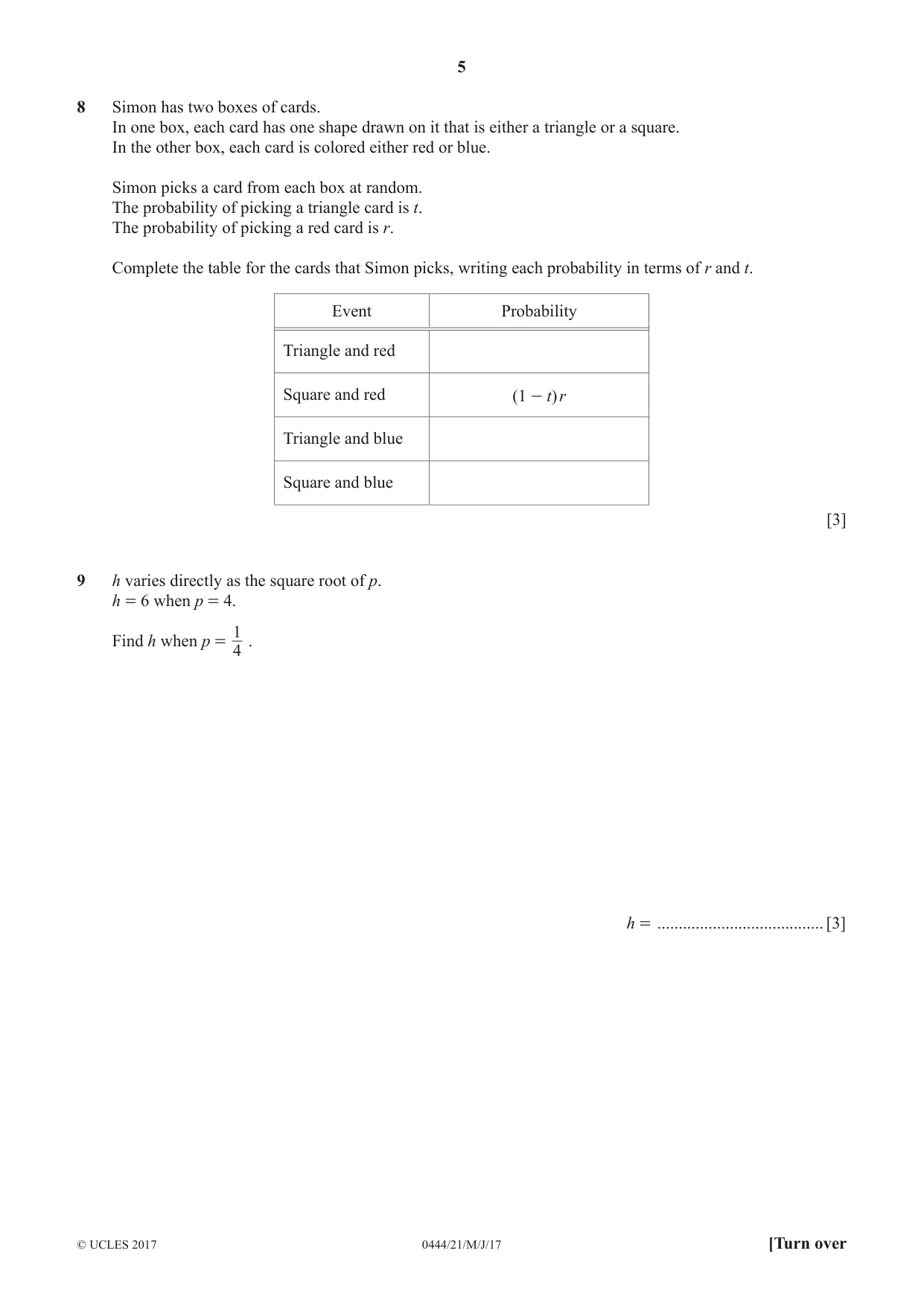 Cambridge IGCSE Mathematics (US) 0444 2017 May/June Paper 2 · Variant 1 question paper, page 5 of 16