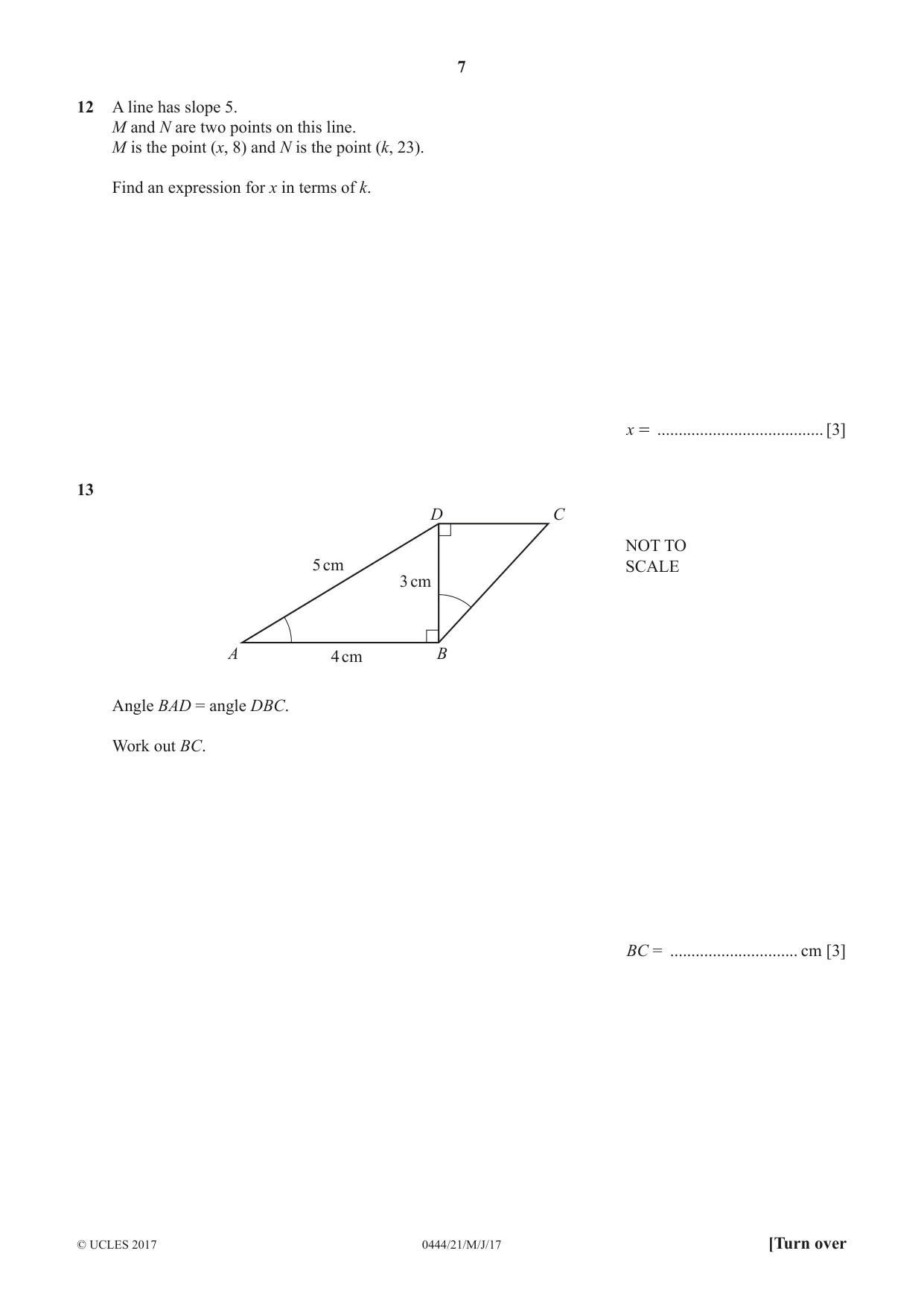 Cambridge IGCSE Mathematics (US) 0444 2017 May/June Paper 2 · Variant 1 question paper, page 7 of 16
