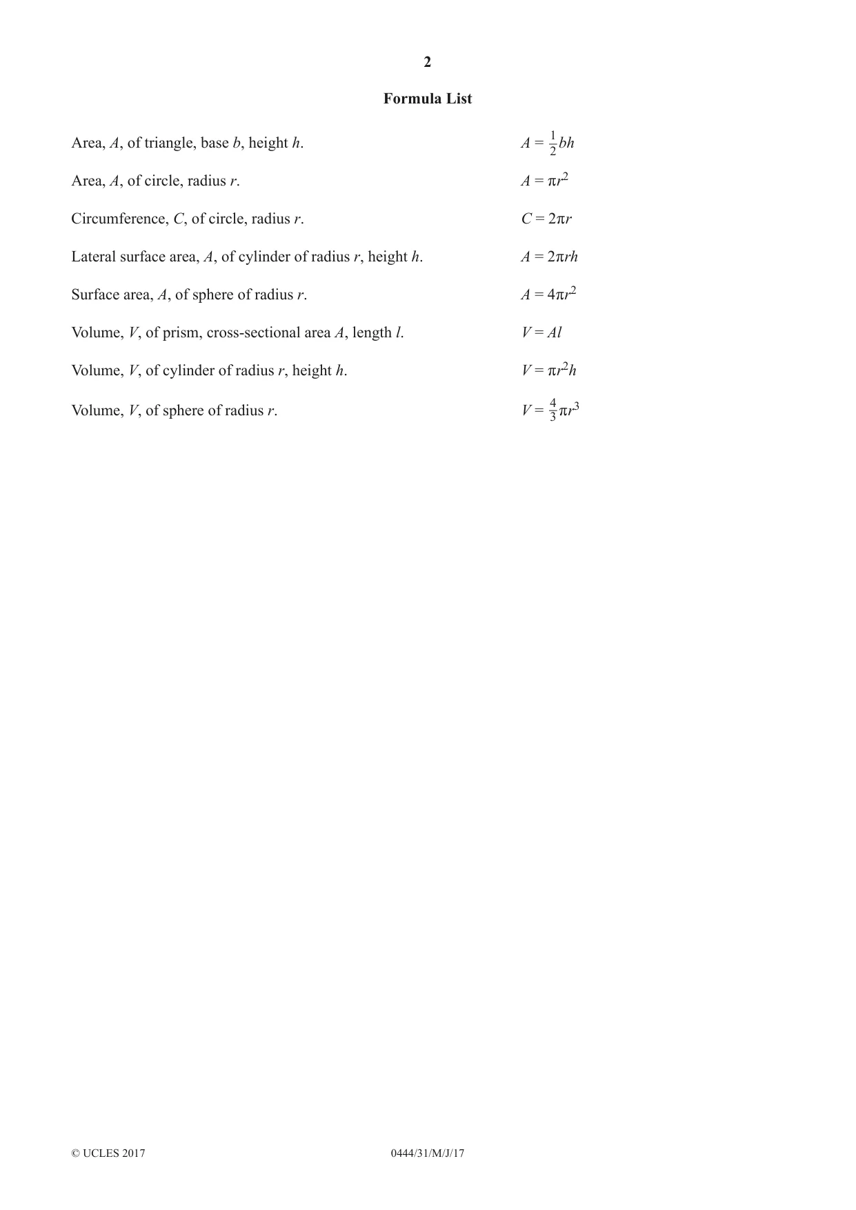 Cambridge IGCSE Mathematics (US) 0444 2017 May/June Paper 3 · Variant 1 question paper, page 2 of 20