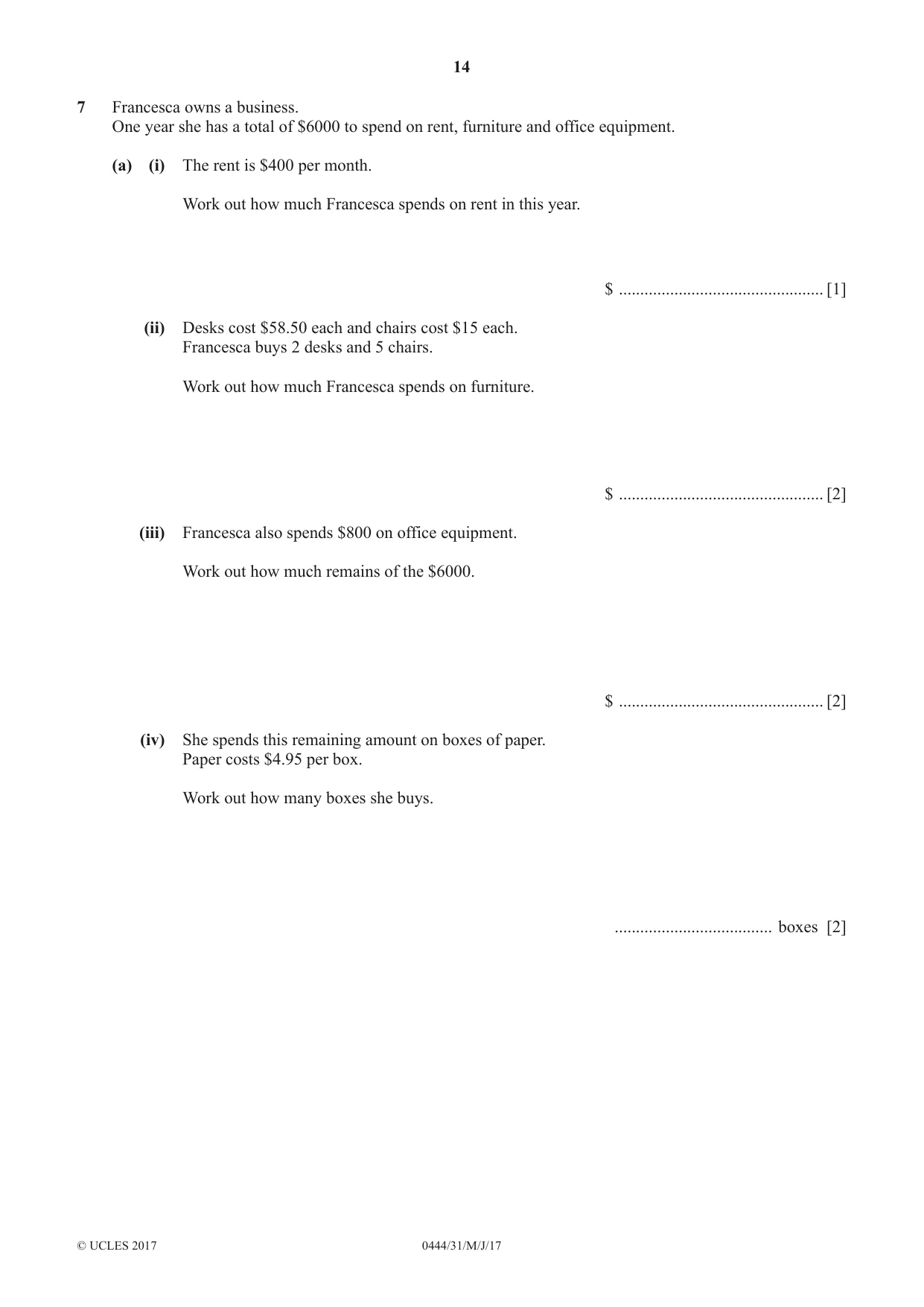 Cambridge IGCSE Mathematics (US) 0444 2017 May/June Paper 3 · Variant 1 question paper, page 14 of 20