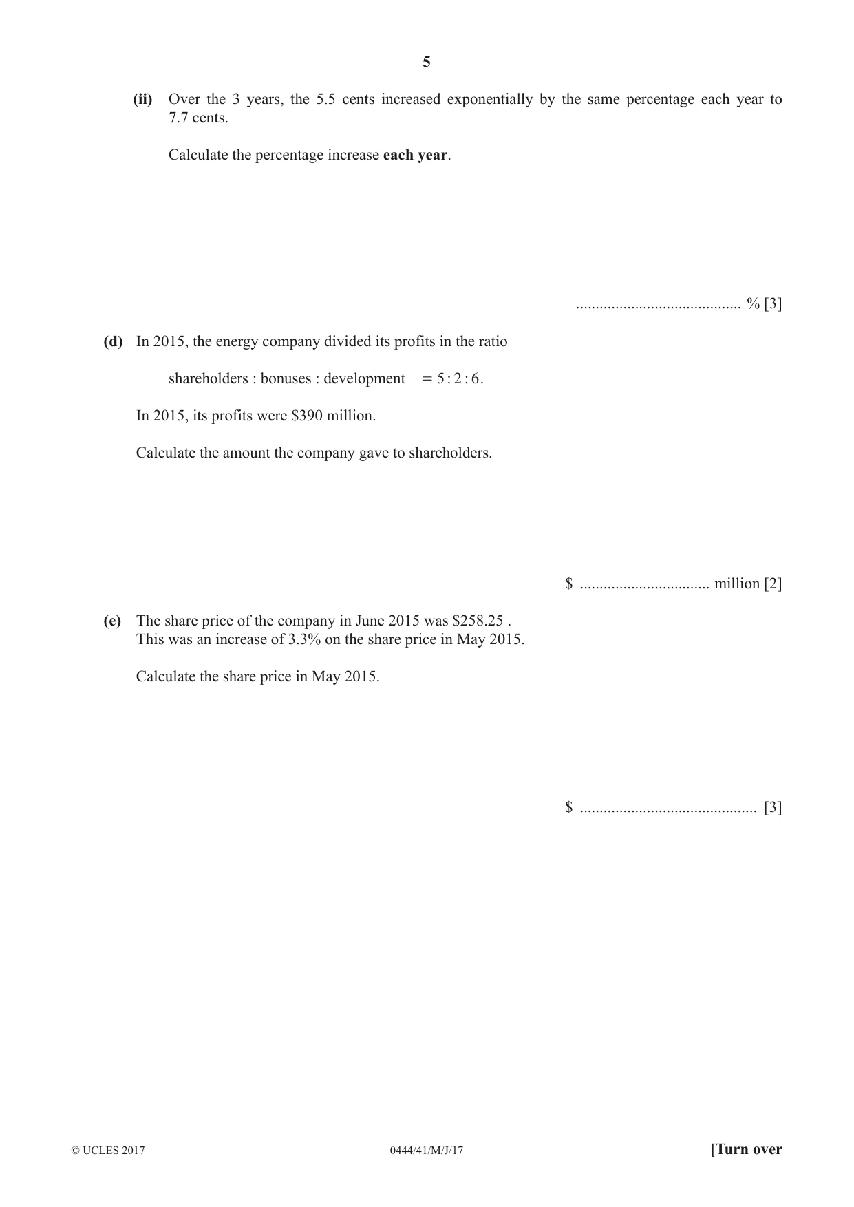 Cambridge IGCSE Mathematics (US) 0444 2017 May/June Paper 4 · Variant 1 question paper, page 5 of 16